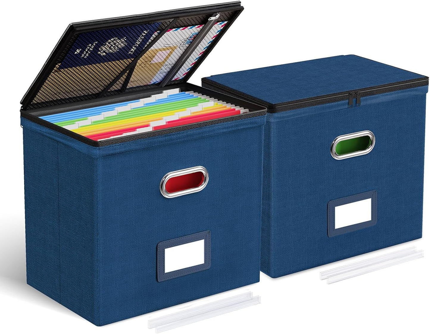 Oterri File Organizer Boxes with Lids, File Box with Mesh Pockets, Document Organizer Box for Letter Size Folders, Zippers Important Document Organizer (Dark Blue, Small-2 Pack Without Folders)