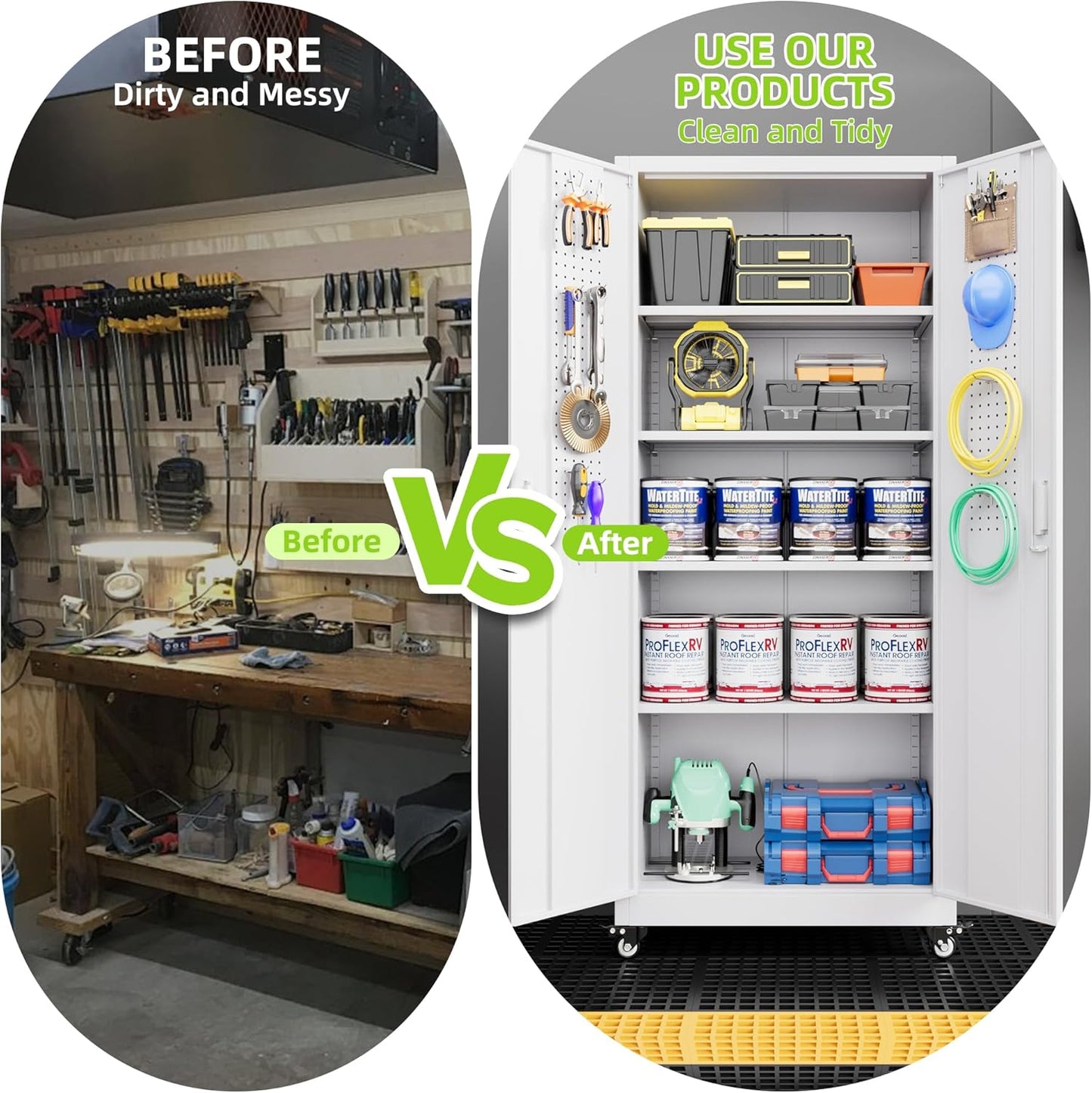 Aobabo 73''H Garage Storage Cabinet with Wheels,Office Storage Cabinet with Lock,Steel Cabinet with 2 Doors and 4 Adjustable Shelves for Garage Office,Required-Assembly White