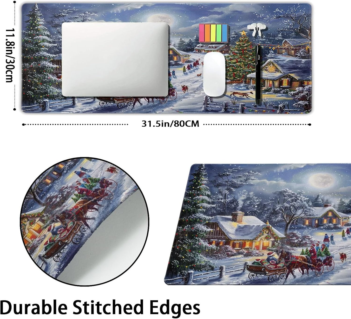 Christmas Gaming Mouse Pad XL Xmas Tree Deer Snowflake Extended Winter Holiday Large Mat Mousepad Desk Pad Non-Slip Rubber Base Stitched Edge Long Keyboard Pad for Computer,31.5×11.8 Inch