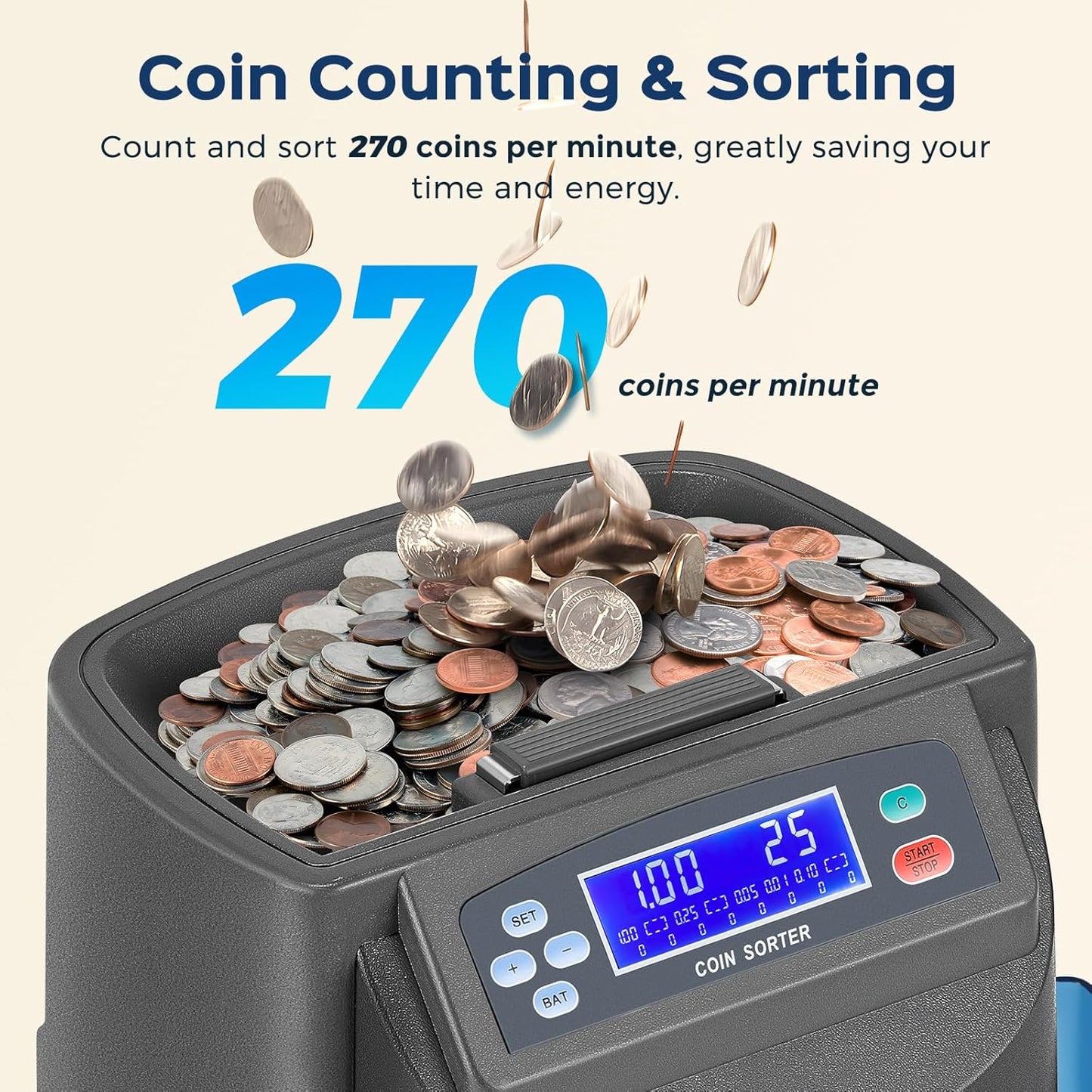 Bonvoisin Coin Counter & Coin Sorter Machine for USD Coin 1￠ 5￠ 10￠ 25￠ $1, Sorts up to 270 Coins/min, Included 5 Coin Trays & 5 Tubes & 50PCS Wrappers