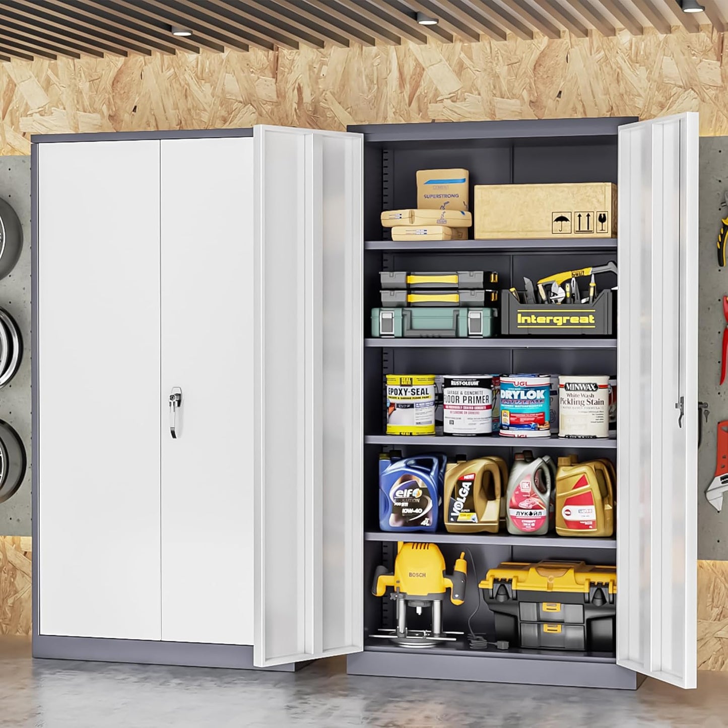 INTERGREAT Garage Storage Cabinets with Doors and Shelves,72" Grey White Steel Tool Locking Cabinet, Metal Storage Cabinet for Home Office, Warehouse, School