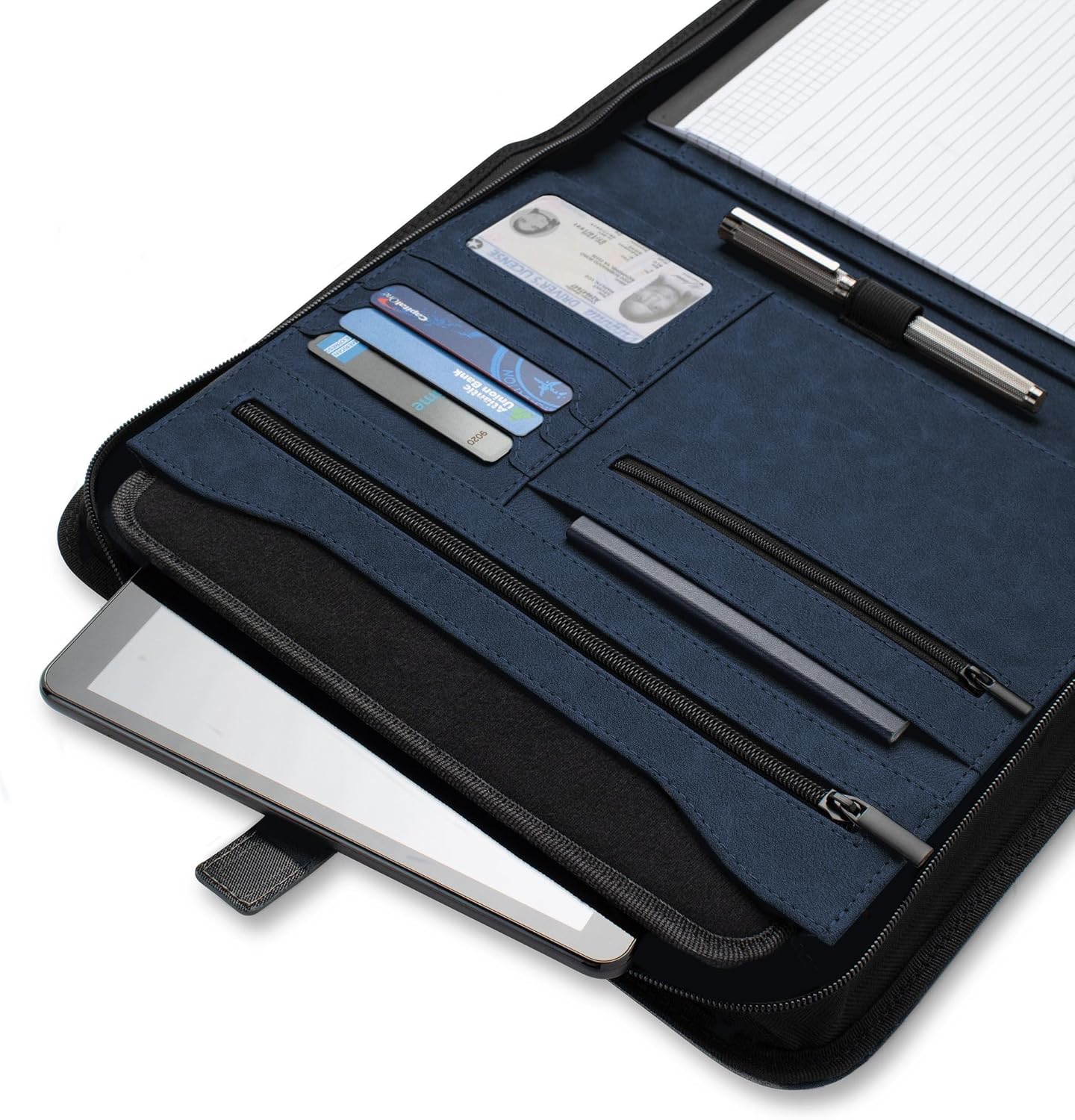 Padfolio Binder - Professional Faux Leather Travel Organizer Pouch for Tablet, Documents, Presentation Folders, Zipper Closure, Notepad - Blue