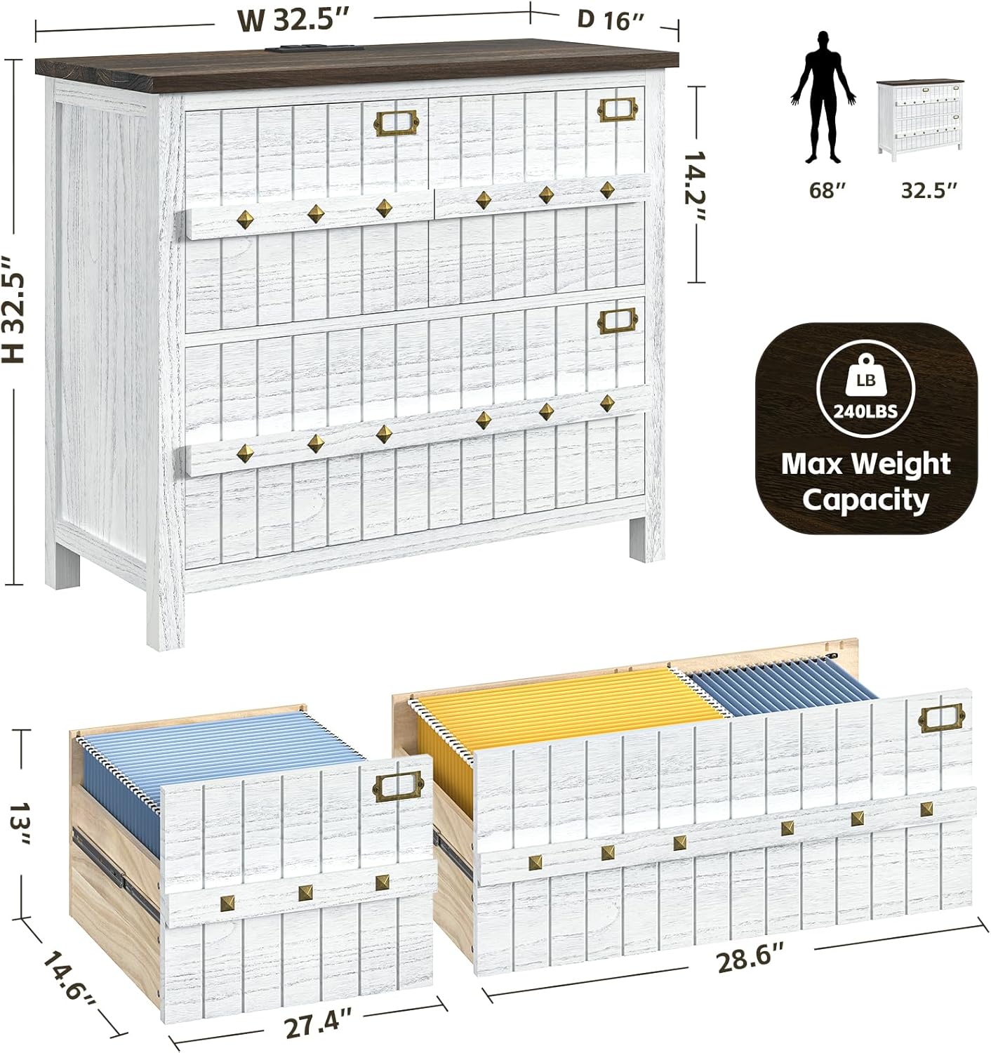 TVU Farmhouse 3 Drawer File Cabinet with Charging Station, Solid Lateral Filing Cabinet for Home Office, Office Organizer for Legal/Letter/A4/Folders File - Beside Desk Printer Stand