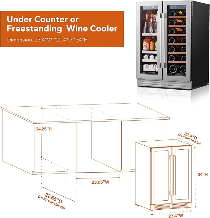 Ca'Lefort 24 Inch Wine and Beverage Refrigerator - 60 Can and 20 Bottle Wine Fridge Dual Zone 36-72°F, 3 LED Beverage Cooler Built in or Freestanding, Perfect for Home/Kitchen(4.10 cu.ft)