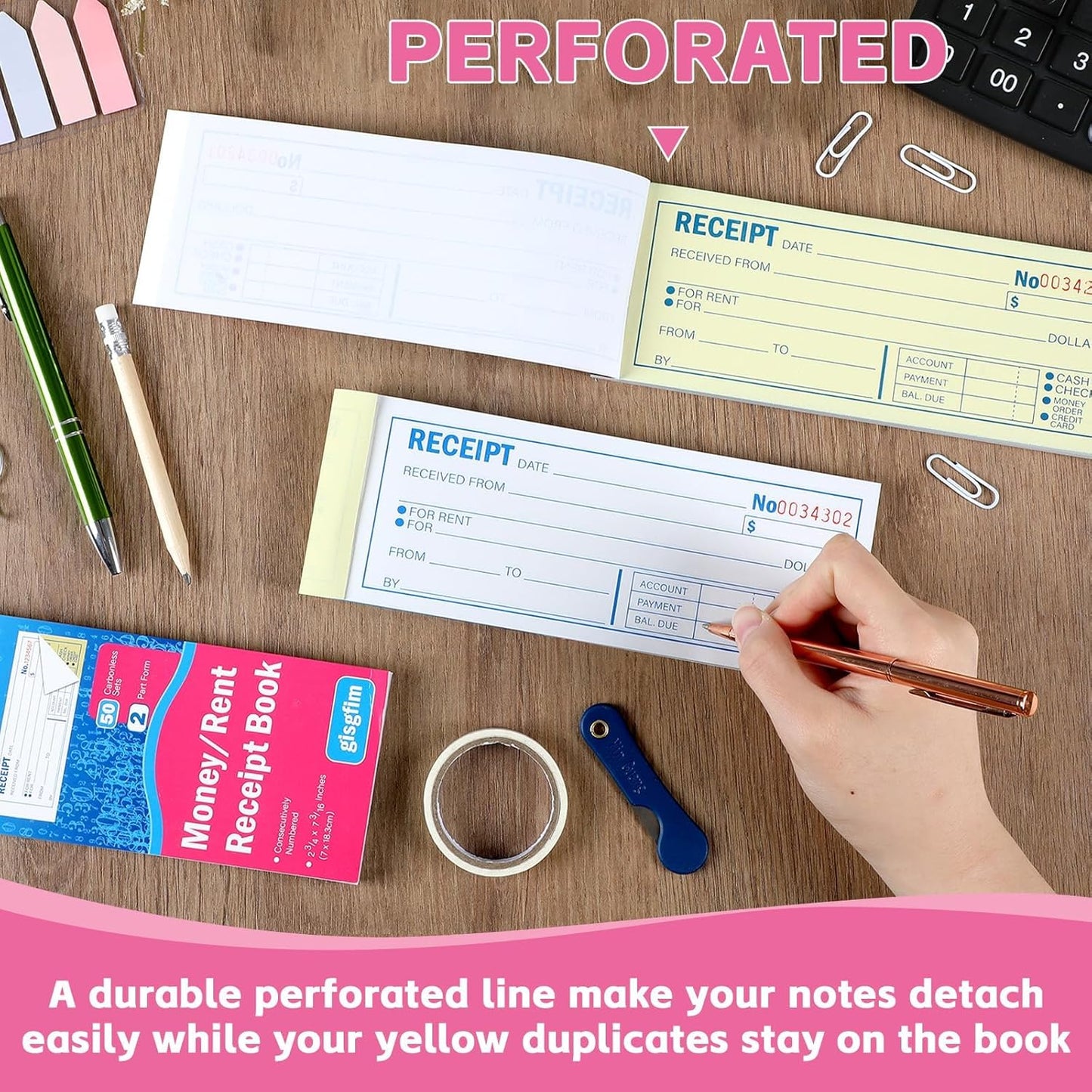 gisgfim 30 Pads Receipt Book with Carbon Copies Money and Rent Receipt Book 2 Part Carbonless Bound Wraparound Cover Petty Cash Business Invoice Book for Small Business 2-3/4 x 7-3/16Inch 50 Set/Book