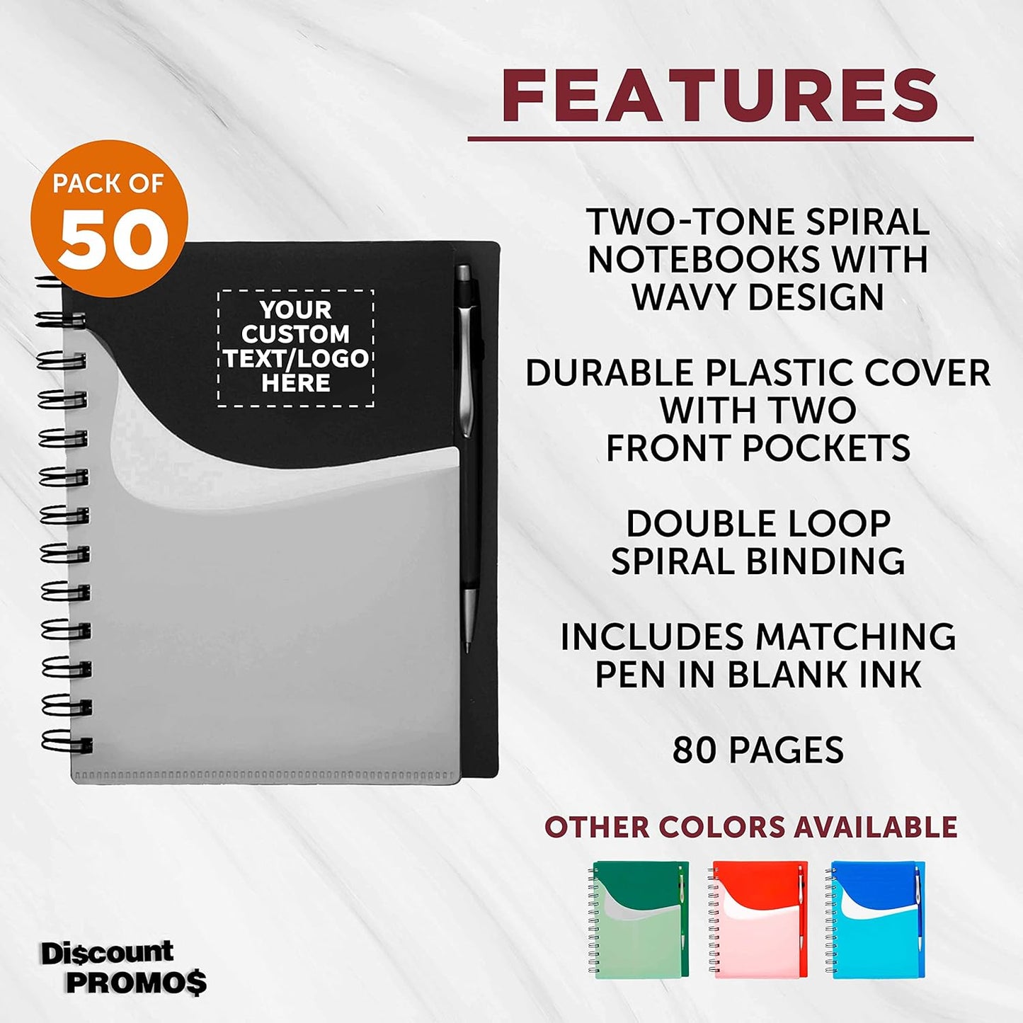 DISCOUNT PROMOS Custom Spiral Notebooks with Front Pocket Set of 50, Personalized Bulk Pack - Durable Plastic Cover, Includes Matching Pen in Blank Ink, Perfect for School, Office, Home - Black