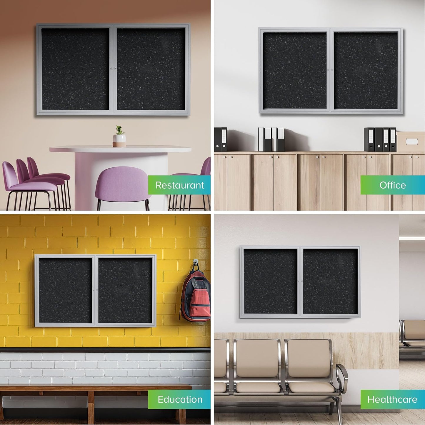 Ghent 36" x 48" 2-Door indoor Enclosed Recycled Rubber Bulletin Board, Shatter Resistant, with Lock, Satin Aluminum Frame, Confetti (PA234TR-CF) ,Made in the USA