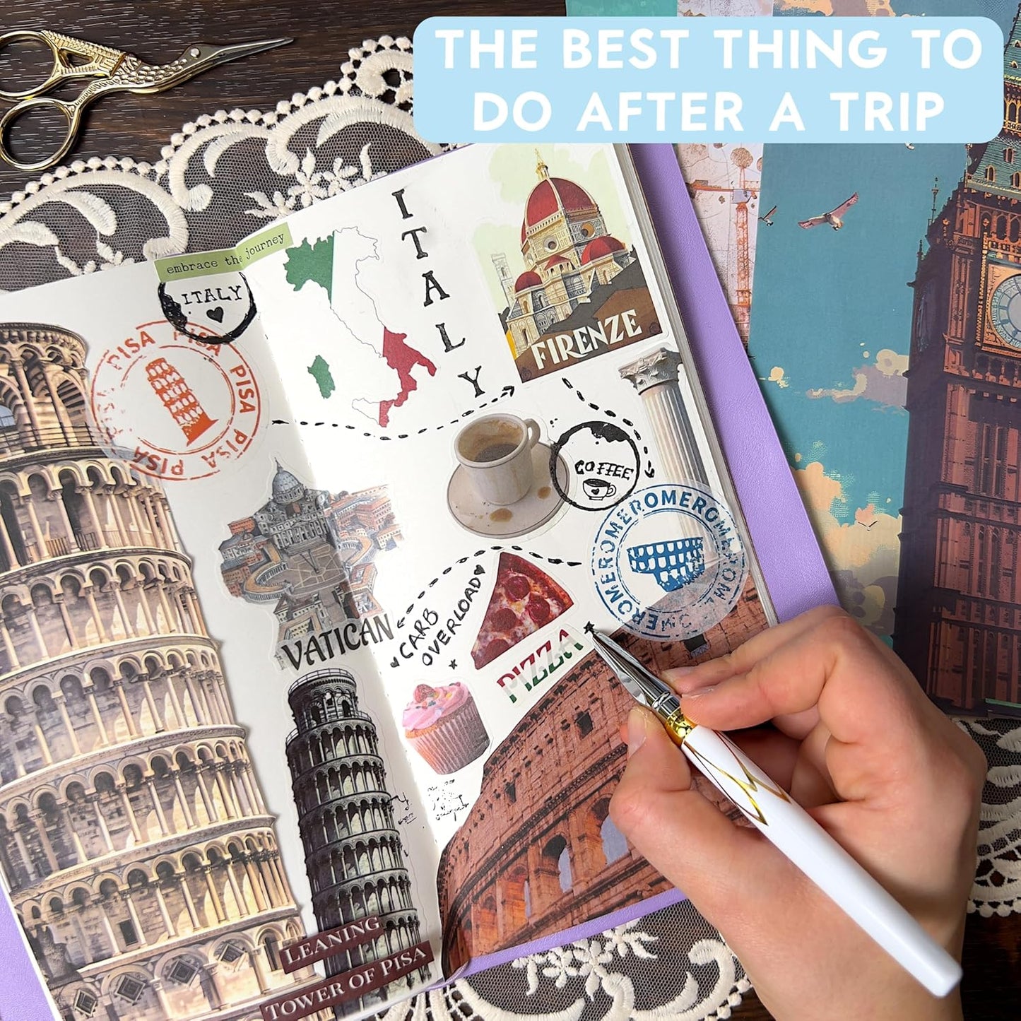 300+ Travel Stickers & 20 A5 Papers - Pre-Cut Washi Stickers for Journaling & Vintage Travel Scrapbooking