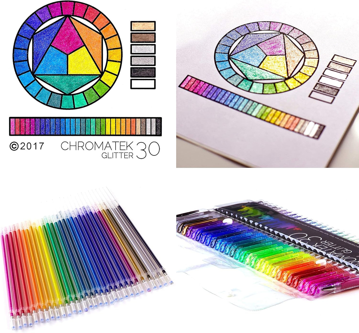 CHROMATEK Glitter Pens 60 Set Best Colors. 200% the Ink: 30 Gel Pens, 30 Refills. Super Glittery Ultra Vivid Colors. No Repeats. Professional Art Pens. New & Improved