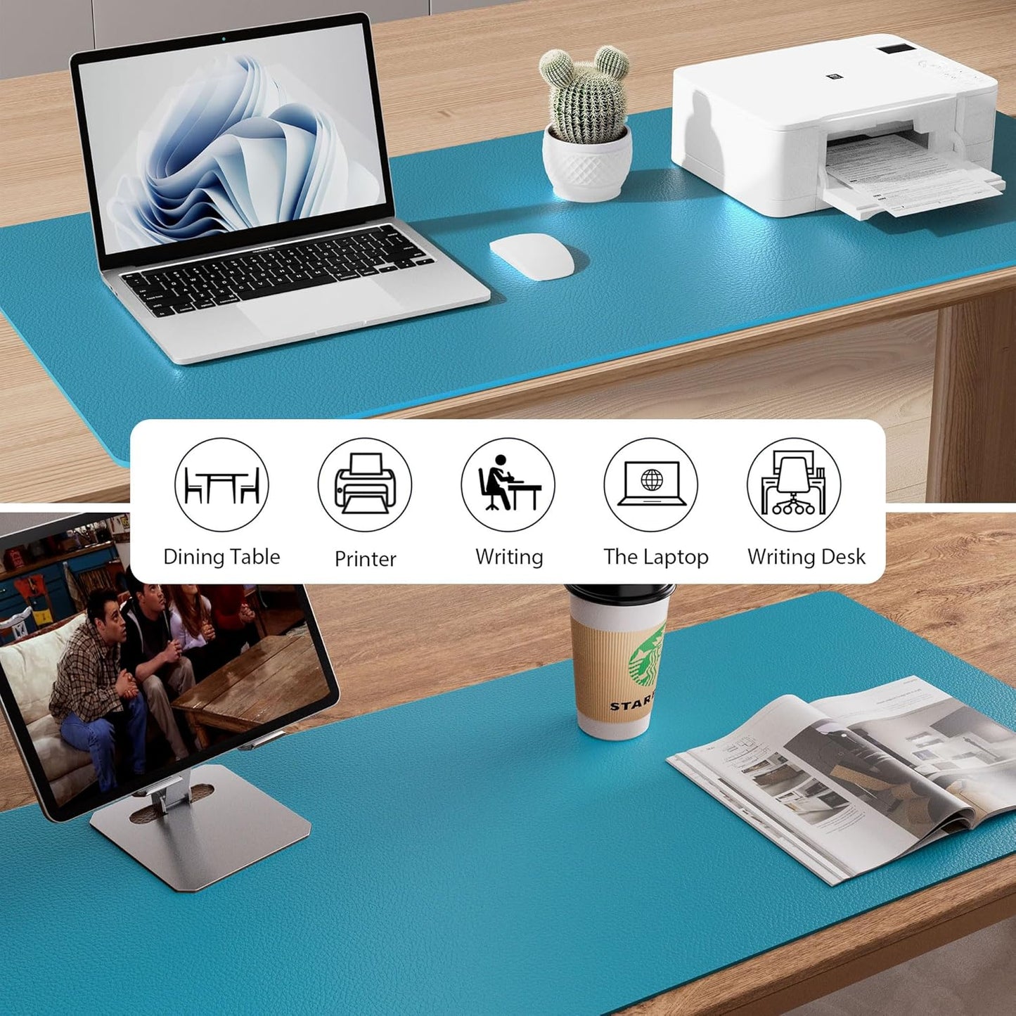 Aothia Leather Desk Pad Protector, Mouse Pad, Office Desk Mat, Non-Slip PU Leather Desk Blotter, Laptop Desk Pad, Waterproof Desk Writing Pad for Office and Home (Turquoise,31.5" x 15.7")