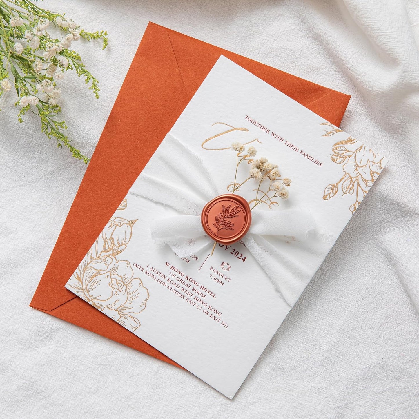 PONATIA 50PCS Terracotta Orange Wax Seal Stickers - Eucalyptus Design Self- Adhesive Stickers Perfect for Wedding Invitation, Envelopes, Christmas Cards, Menu, Vellum Jackets Decoraction