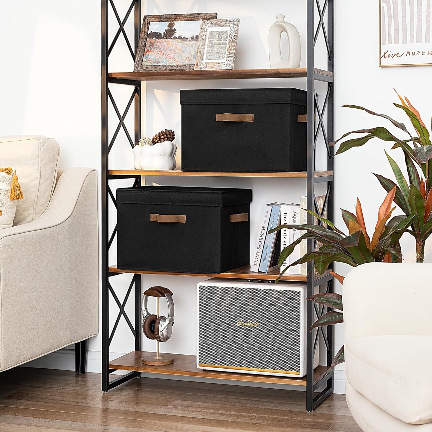 StorageWorks Fabric Storage Bins with Lid, Decorative Storage Boxes for Shelves, Stackable Closet Organizer Basket with Handles, Jumbo, Black, 2-Pack