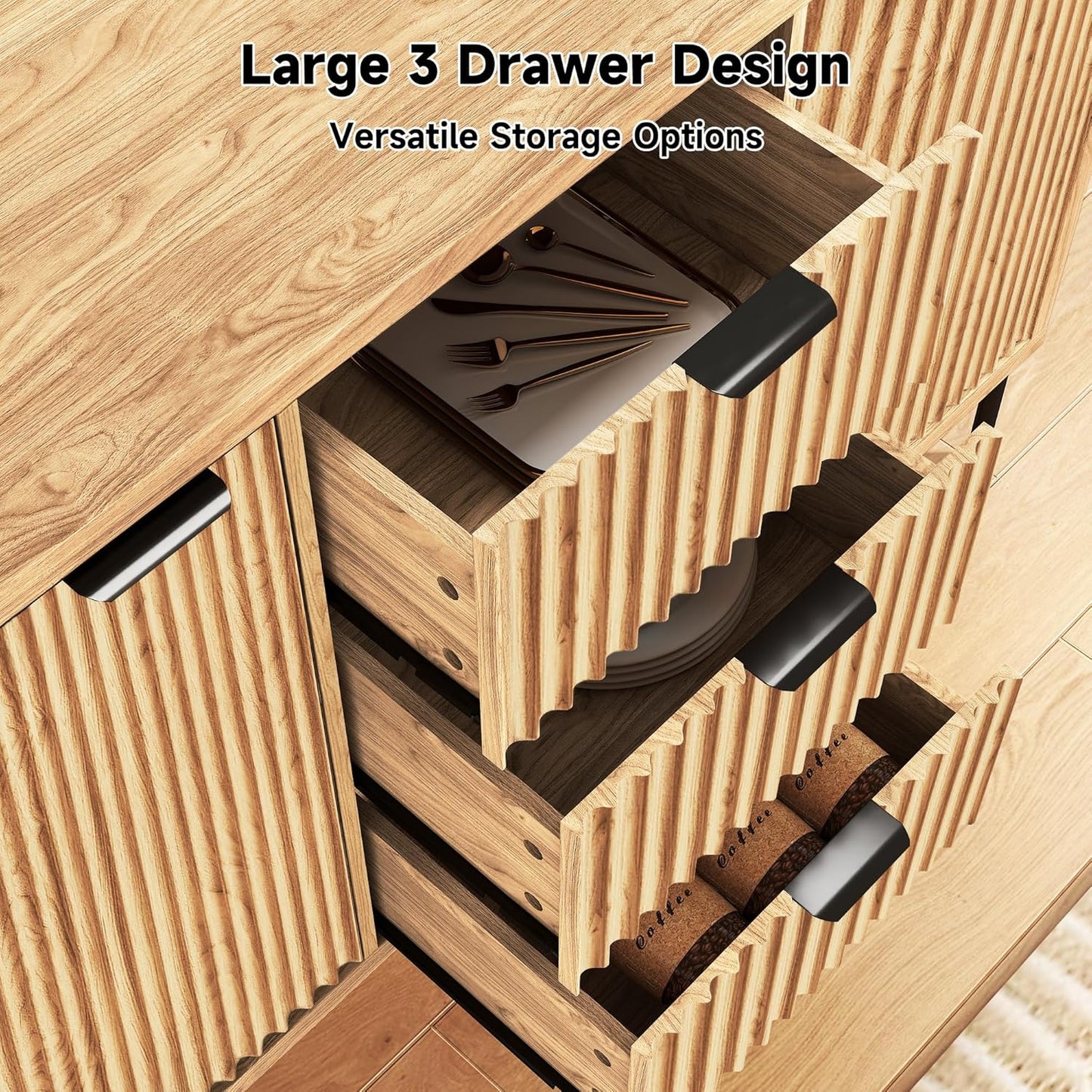 Real Relax Fluted Sideboard Cabinet, Sideboard Buffet Cabinet with Storage, Modern Credenza 2 Doors 3 Drawers, Coffee Bar Buffet Table for Dining Room, Kitchen, and Living Room, Oak