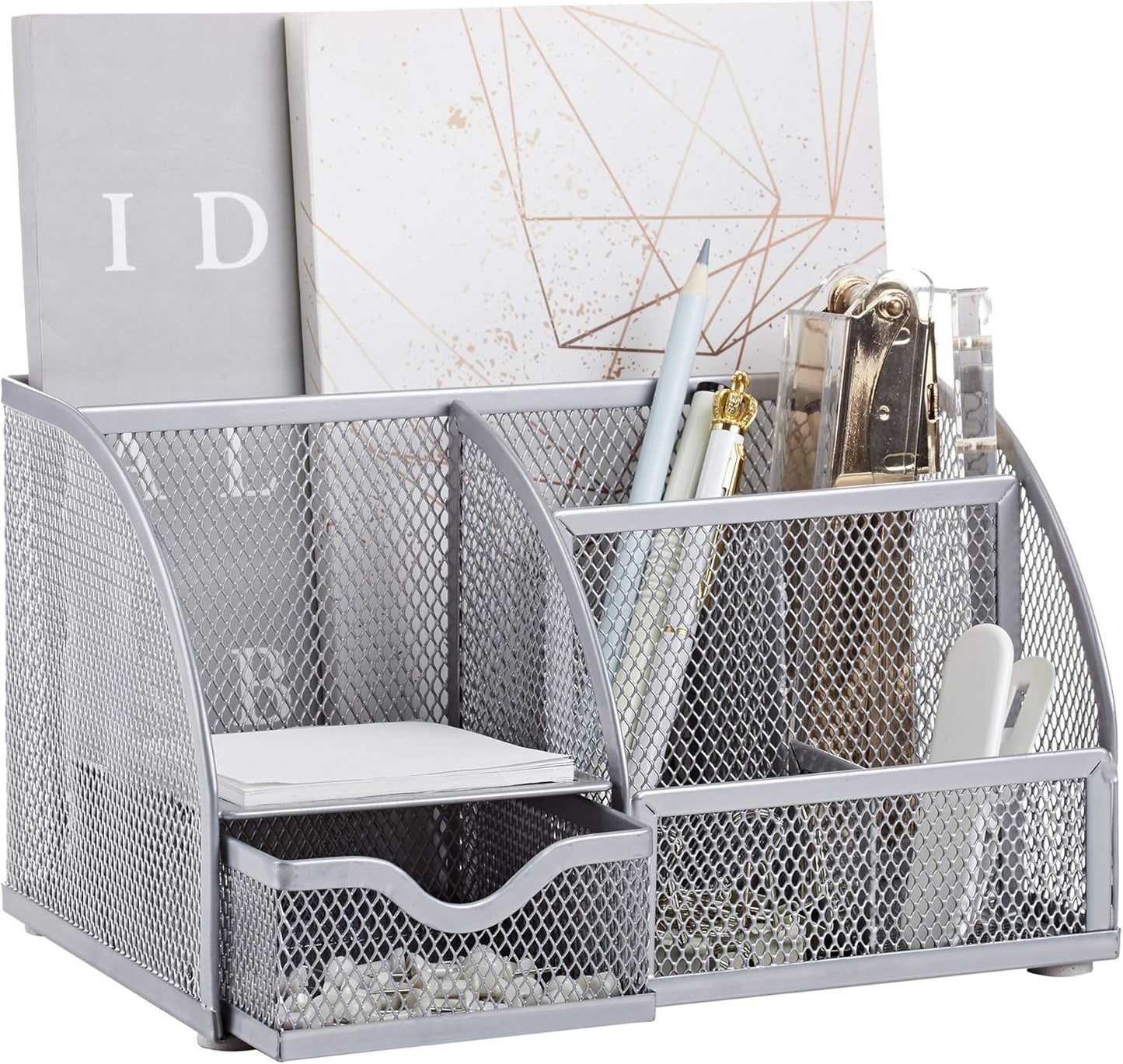 Annova Mesh Desk Organizer Office with 7 Compartments + Drawer/Desk Tidy Candy/Pen Holder/Multifunctional Organizer (Silver)