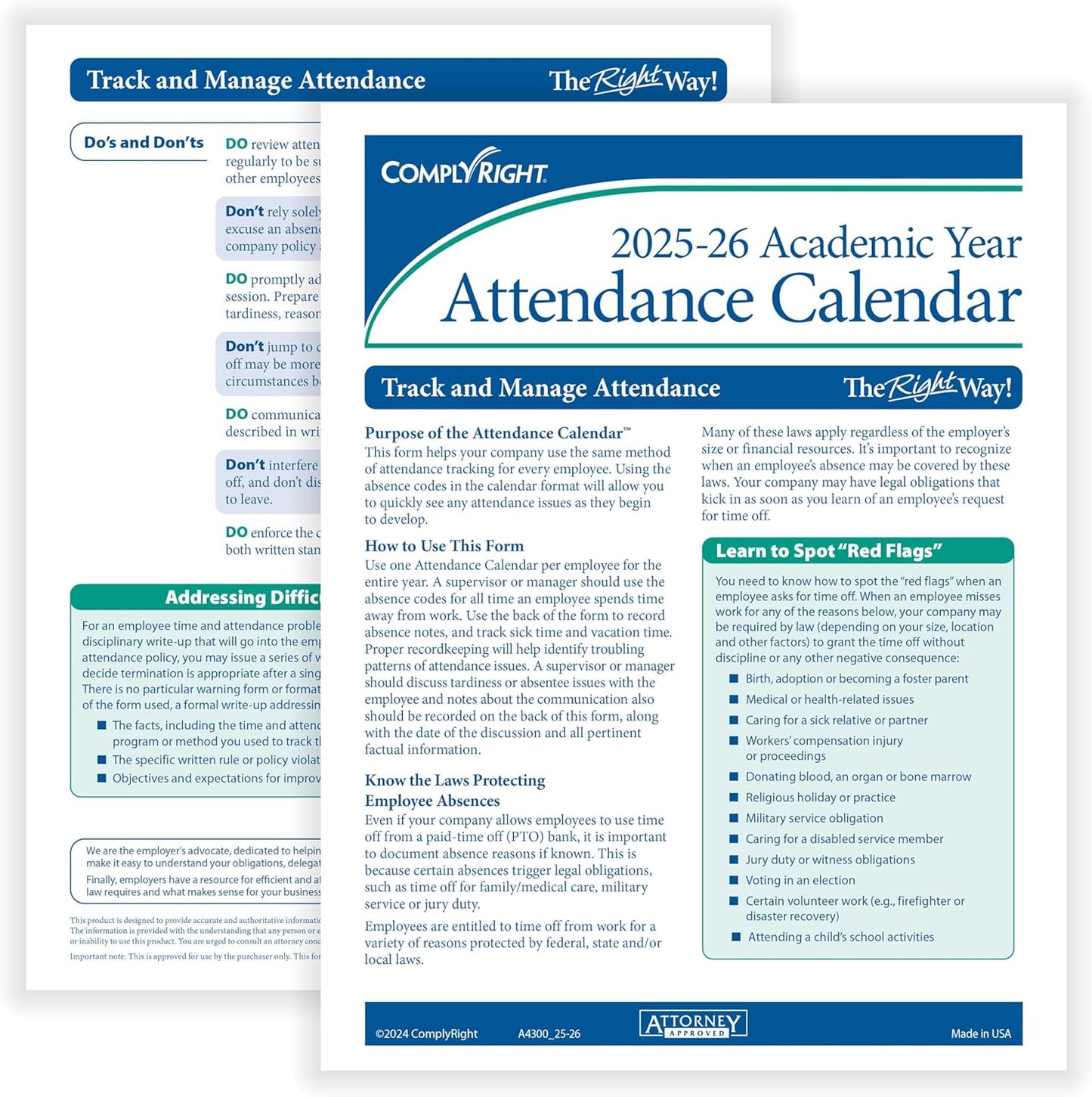 2025-2026 Academic Attendance Calendar, Pack Of 50
