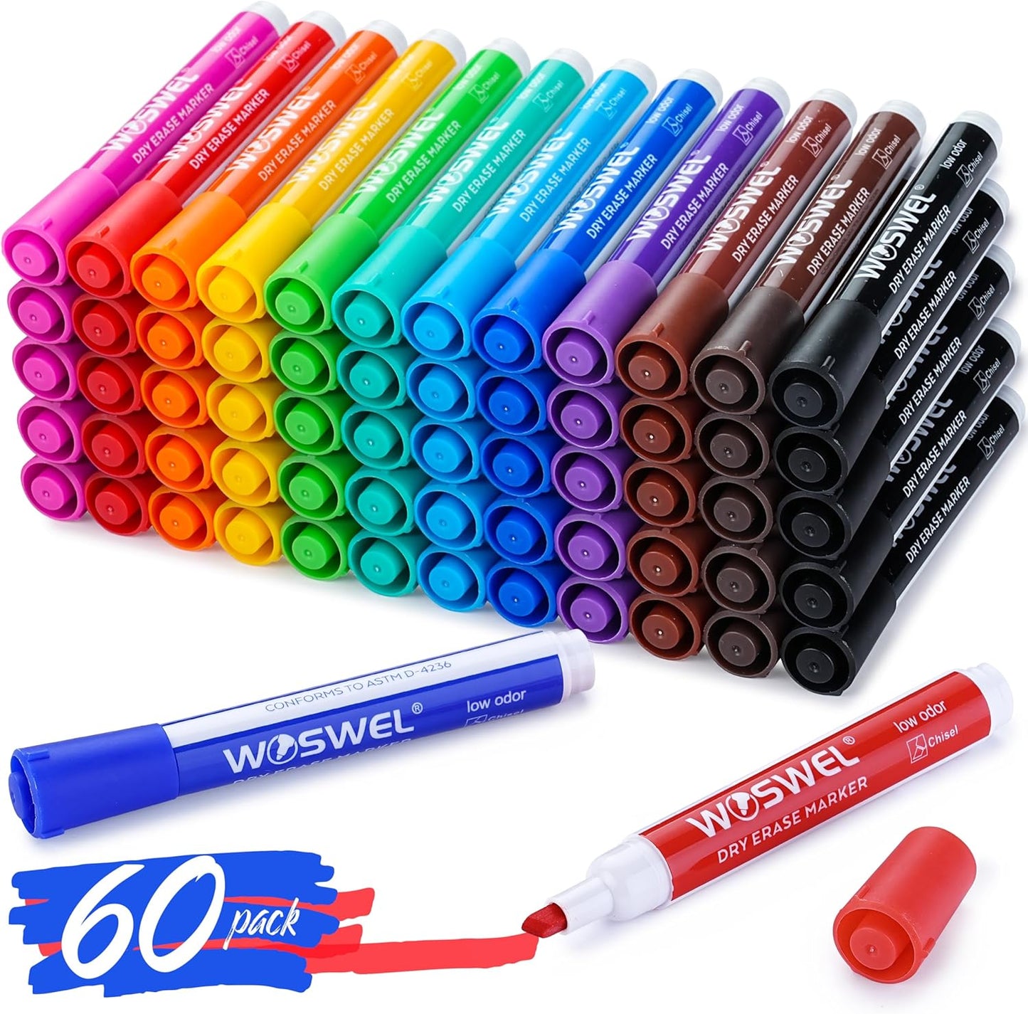 Dry Erase Markers, 60 Bulk Pack, 12 Assorted Colors Chisel Tip Whiteboard Markers, Chisel Point Low Odor Dry Erase Markers