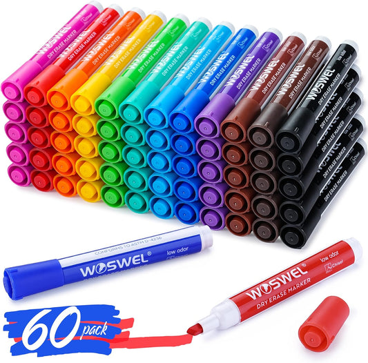 Dry Erase Markers, 60 Bulk Pack, 12 Assorted Colors Chisel Tip Whiteboard Markers, Chisel Point Low Odor Dry Erase Markers