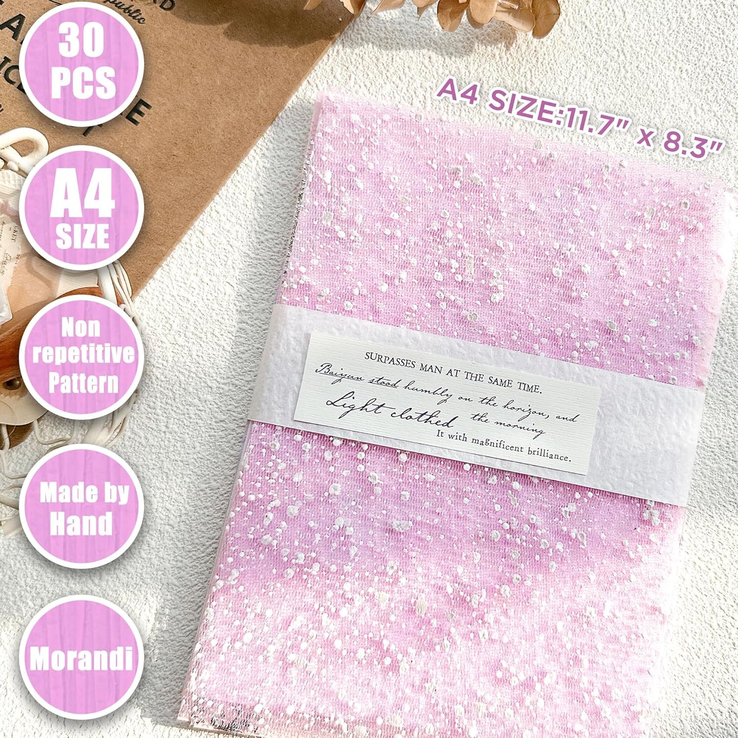 Aromoty 30 sheets A4 size Textured Scrapbook Paper&Mesh Fabric set - Large Handmade Craft Mulberry Special Paper Mix for Scrapbooking Junk Journal Supplies Card Materials Collage, 11.7x8.3 Inches