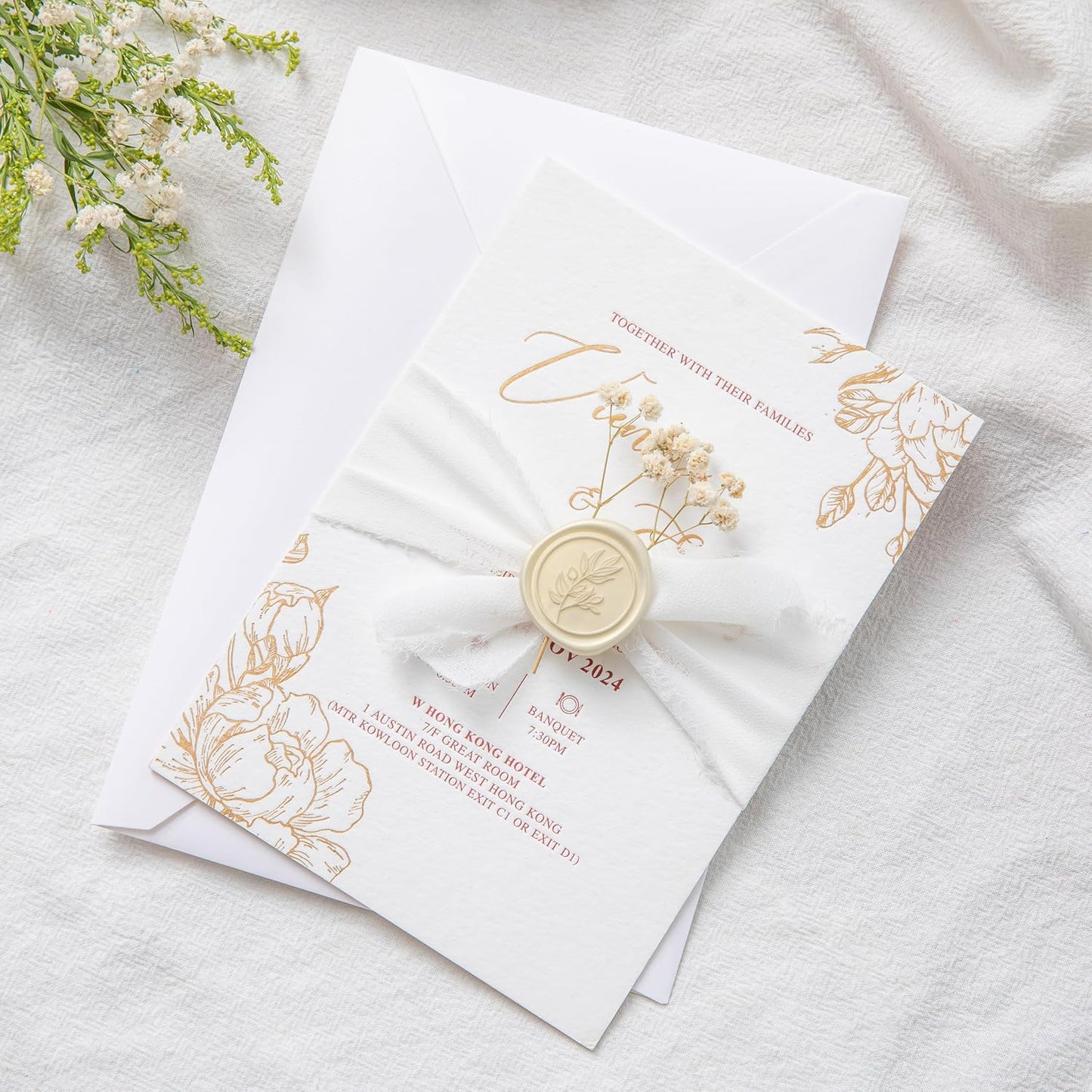 PONATIA Wax Seal Stickers - 50 Pcs Eucalyptus Self- Adhesive Wedding Invitation Seal Stickers, Perfect for Invitation Cards, Envelopes, Christmas, Gift Wrapping, Party (Champagne)
