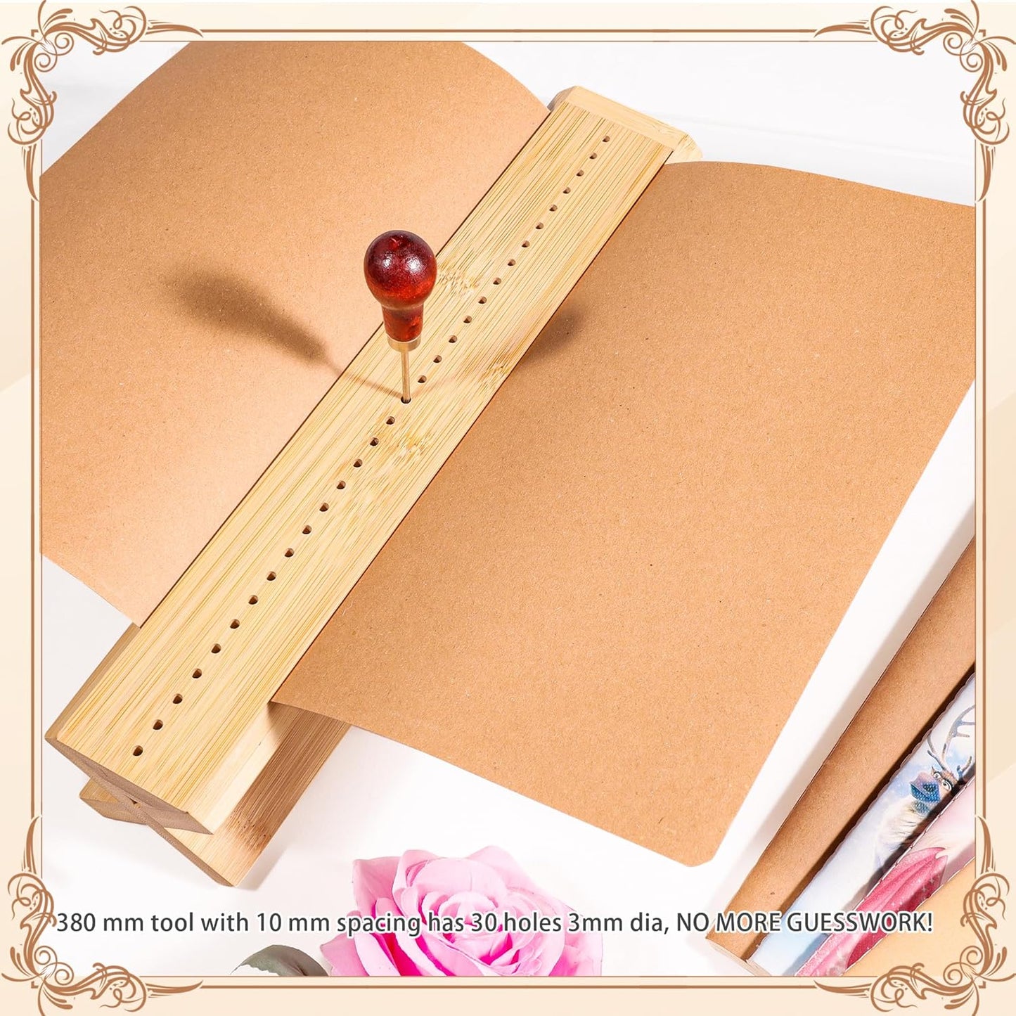 Bamboo Book Binding Cradle with an Awl, Wood Bookbinding Punching Cradle with Piercing Guide, Polished Smooth Surface, Sturdy and Durable, Easy to Use Guide