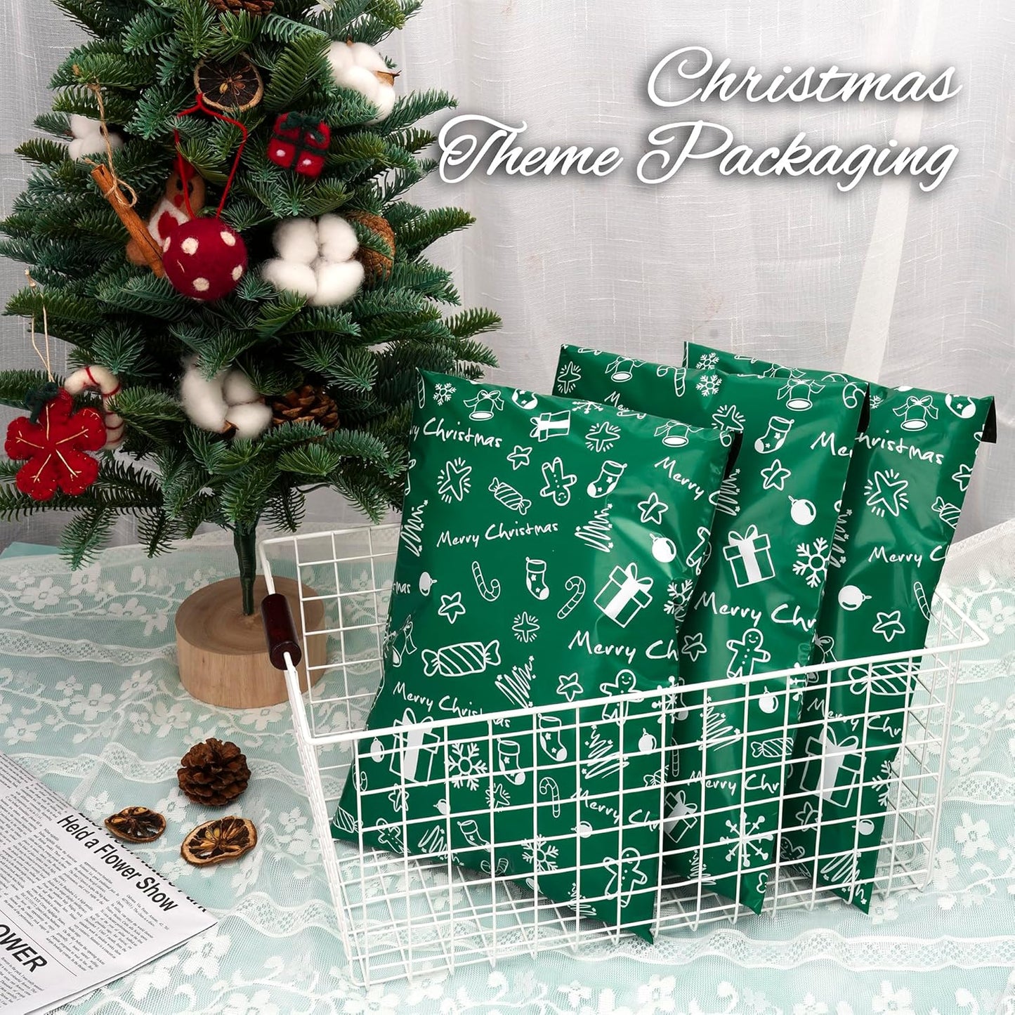 Christmas Poly Mailer - 6x9 Inch, 100 Pcs Waterproof Tear-Resistant Mailer Bags with Self-Seal - Green Merry Christmas