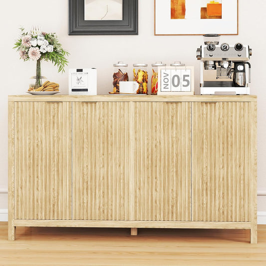 Real Relax Fluted Sideboard Cabinet, 4-Door Sideboard Buffet Cabinet with Storage, 55" Large Modern Credenza Adjustable Shelves, Buffet Table for Dining Room, Kitchen, Living Room, Natural Oak