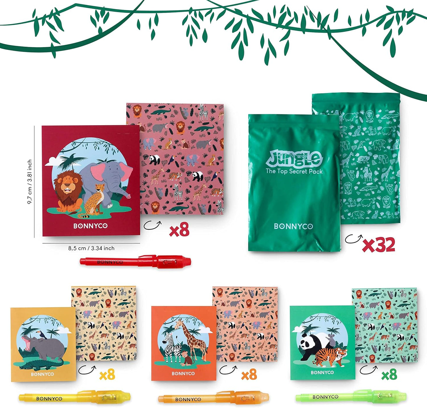 BONNYCO Invisible Ink Pen and Notebook Pack 32 Safari Party Favors for Kids Magic Spy Pen Goodie Bags Stuffers for Kids | Jungle Goody Bag Stuffers Return Gifts Birthday, Classroom Prizes Students