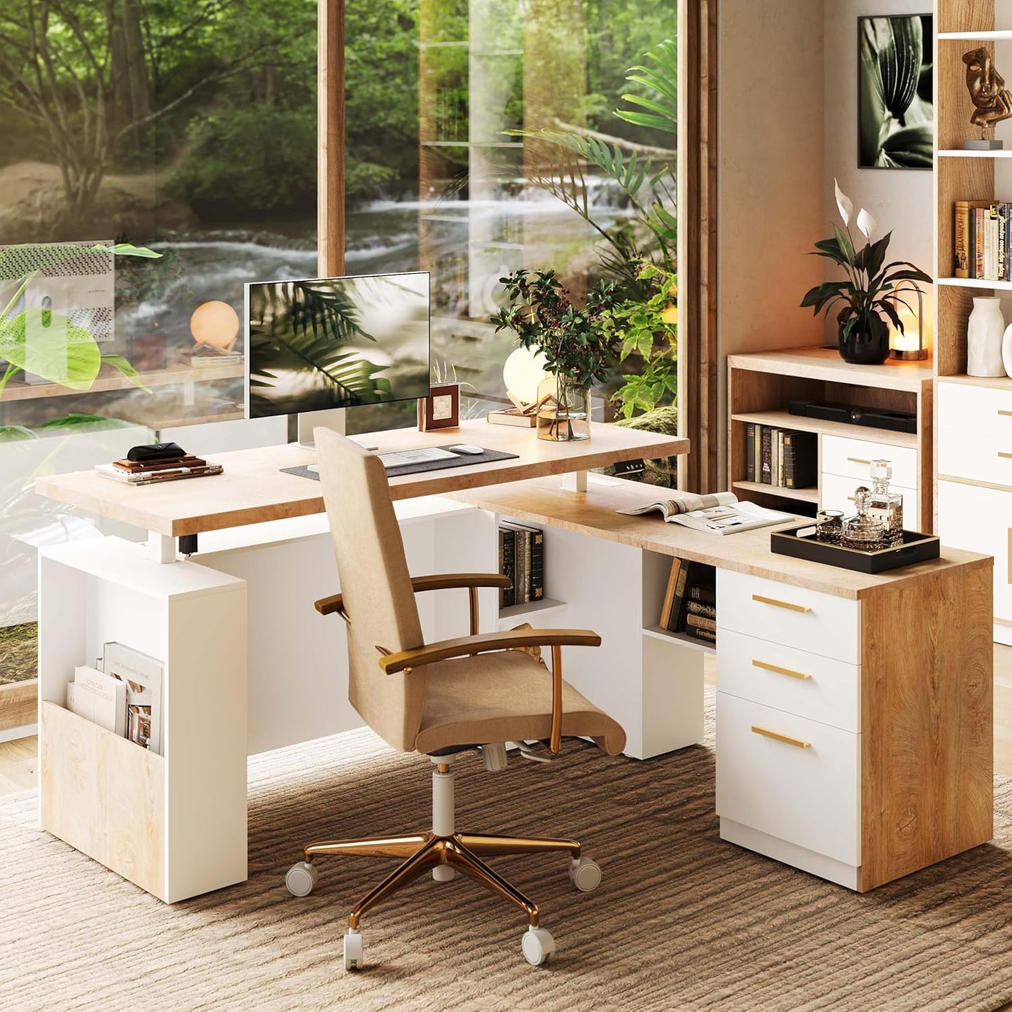 63" Standing Desk with File Cabinet, Privacy Panel, AC/USB, 1.18" Desktop, Executive L Shaped Height Adjustable Electric Stand Up Desk, Home Office Table with 3 Drawers, Light Walnut