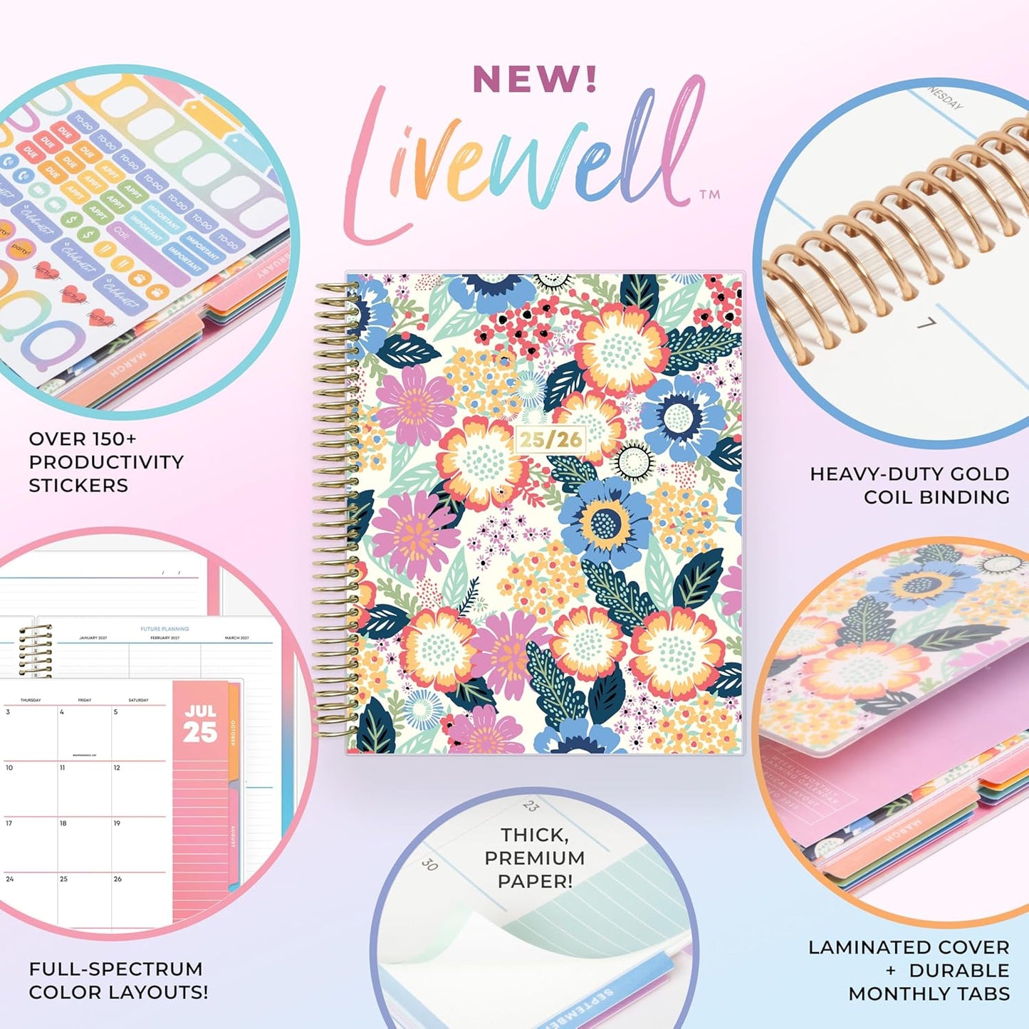 Blue Sky LiveWell 2025-2026 Academic Year Weekly and Monthly Planner Calendar, July 2025 - June 2026, 12-Month, 7" x 9",Flexible Cover, Wirebound, Laminated Tabs, Storage Pocket, Stickers, Charmie