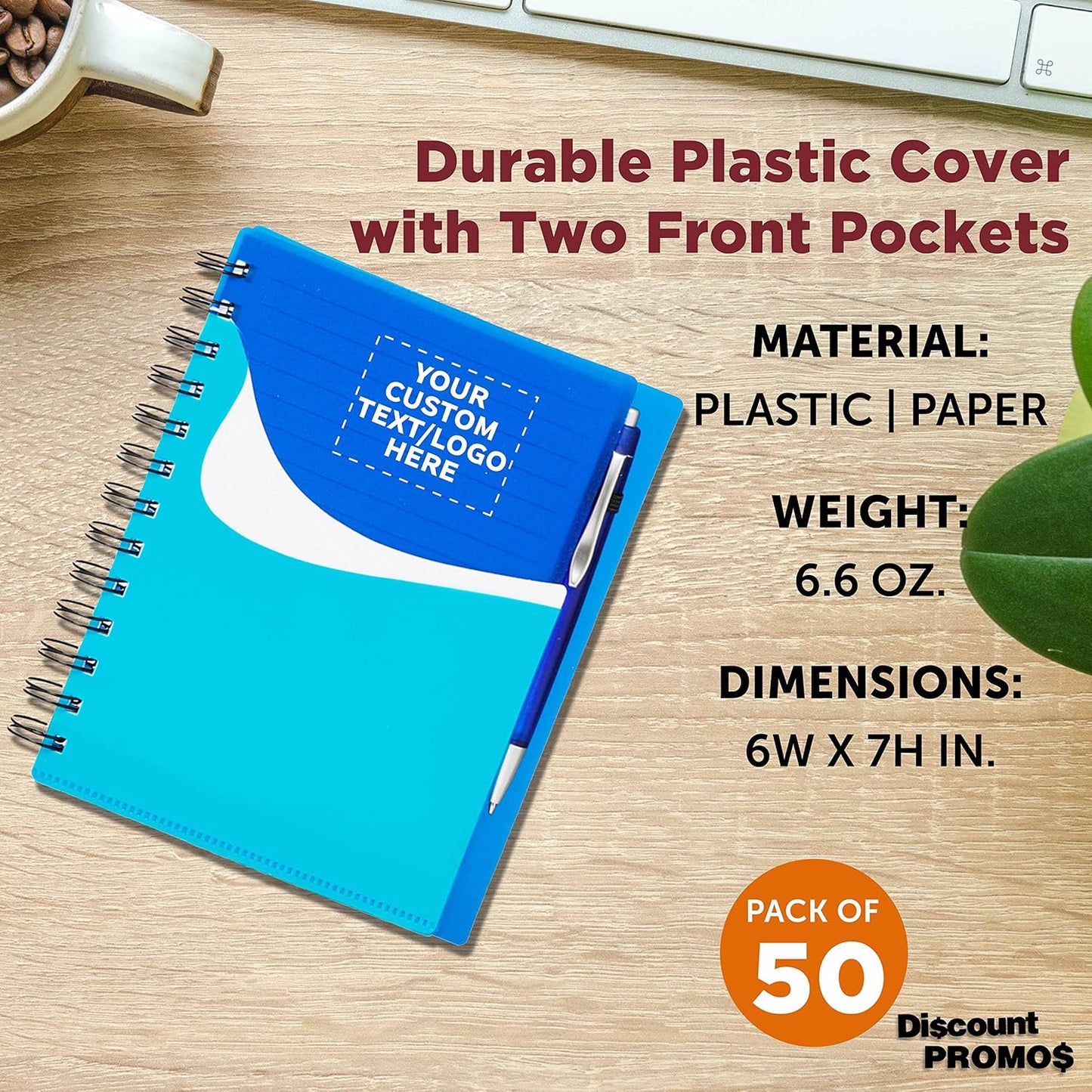 DISCOUNT PROMOS Custom Spiral Notebooks with Front Pocket Set of 50, Personalized Bulk Pack - Durable Plastic Cover, Includes Matching Pen in Blank Ink, Perfect for School, Office, Home - Blue