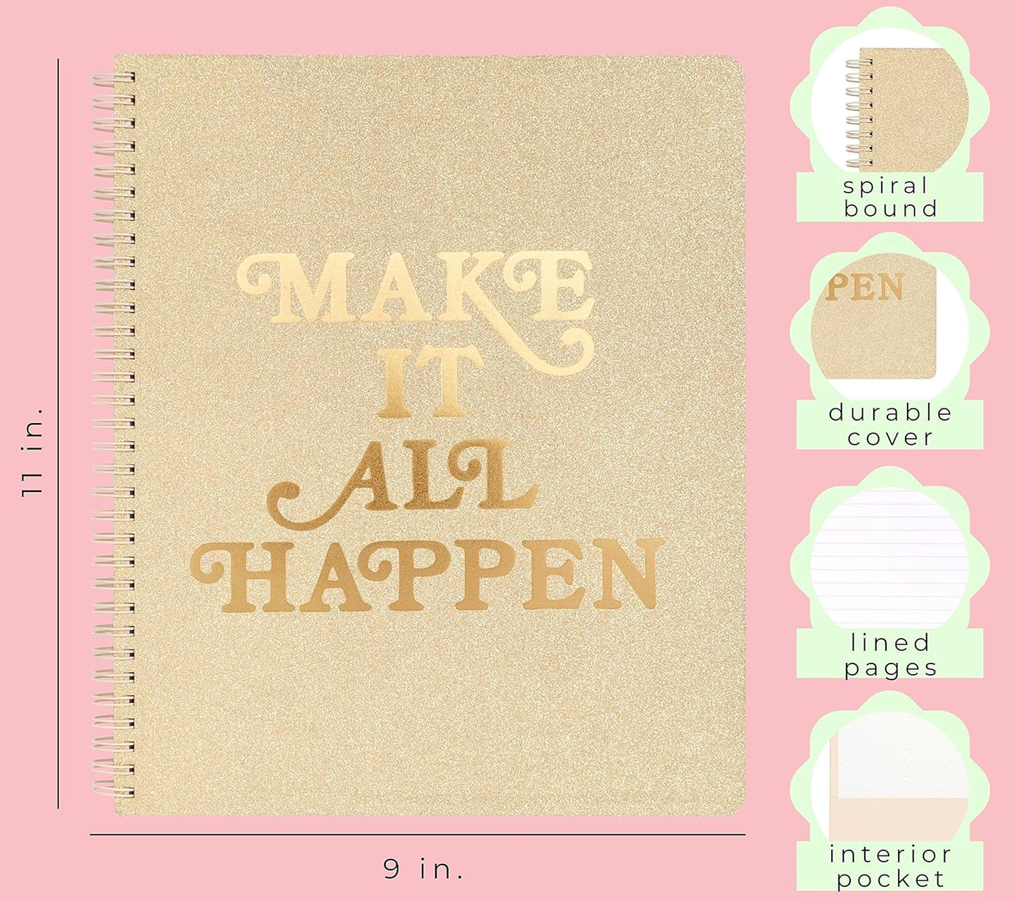 ban.do Rough Draft Large Spiral Notebook with Saying, 11" x 9" with Pockets and 160 College Ruled Pages, I Am Very Busy (gold glitter)