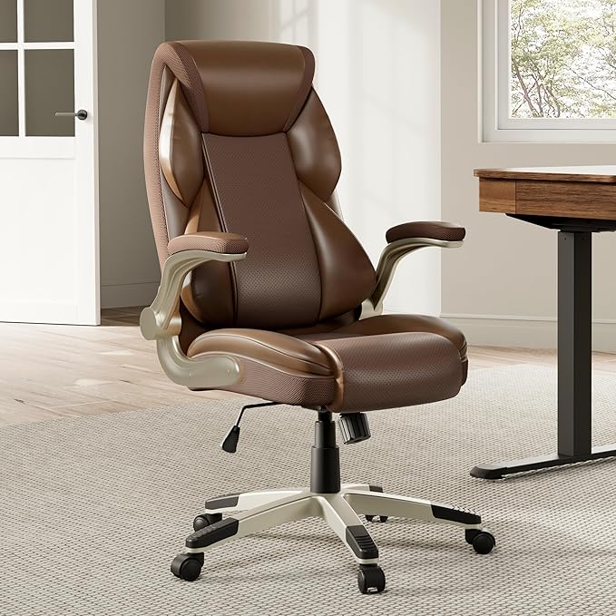 EUREKA ERGONOMIC Executive Office Chair Flip Up Arm Rest, Ergonomic Desk Chair Faux Leather Computer Chair, High Back Office Chair with Headrest, Home Office Desk Chairs with Wheels, Brown