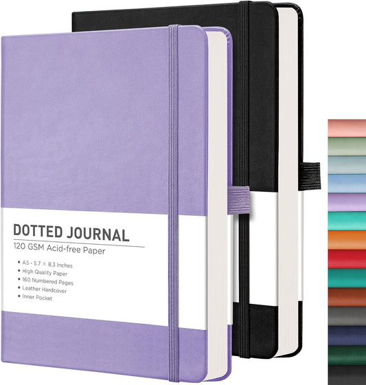 RETTACY Bullet Dotted Journal Notebook, 2-Pack, 160 Numbered Pages per Pack, A5 Medium Size (5.7'' x 8.3''), 120 GSM Thick Paper, Leather Hardcover, for Bullet Journaling (Black & Purple)