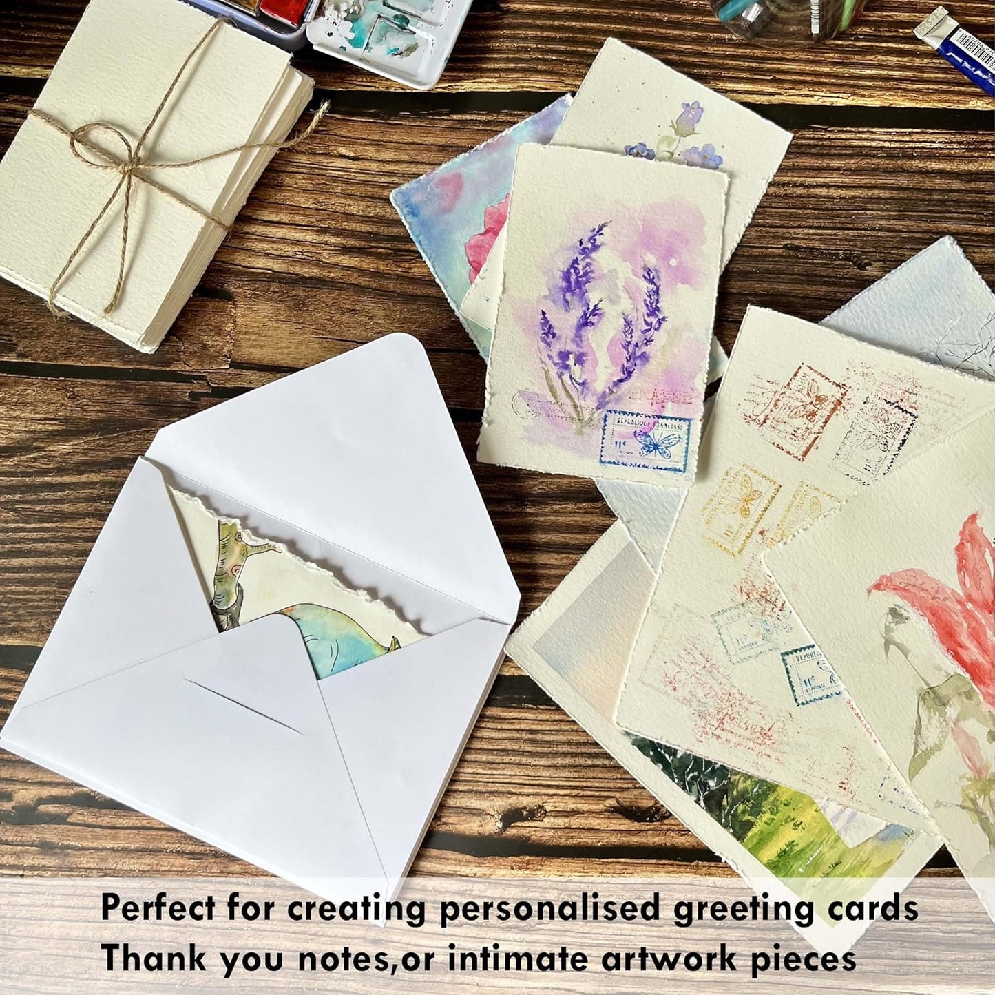 Deckle Edge Watercolor Paper, 100% Cotton, 140 LB, 300 GSM, 8x8”, 30 Sheets Mixed Media Paper for Dry & Wet Technique, Acid Free, tumuarta Blank Cards is Perfect for Greeting Cards & Thank You Notes