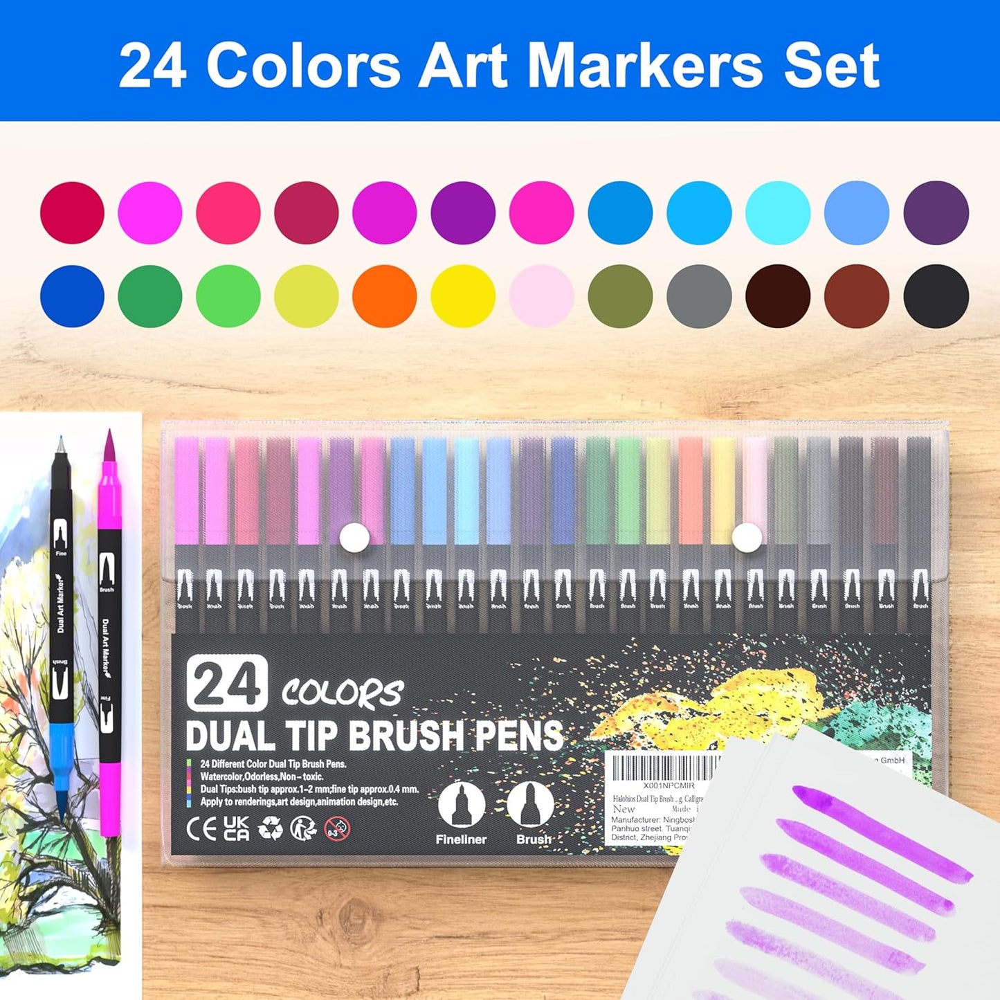 Dual Brush Marker Pens, 24 Colors Art Markers with Fine and Brush Tip Coloring Markers for Adults, Marker for Journaling Calligraphy Drawing Sketching Doodling Illustrating