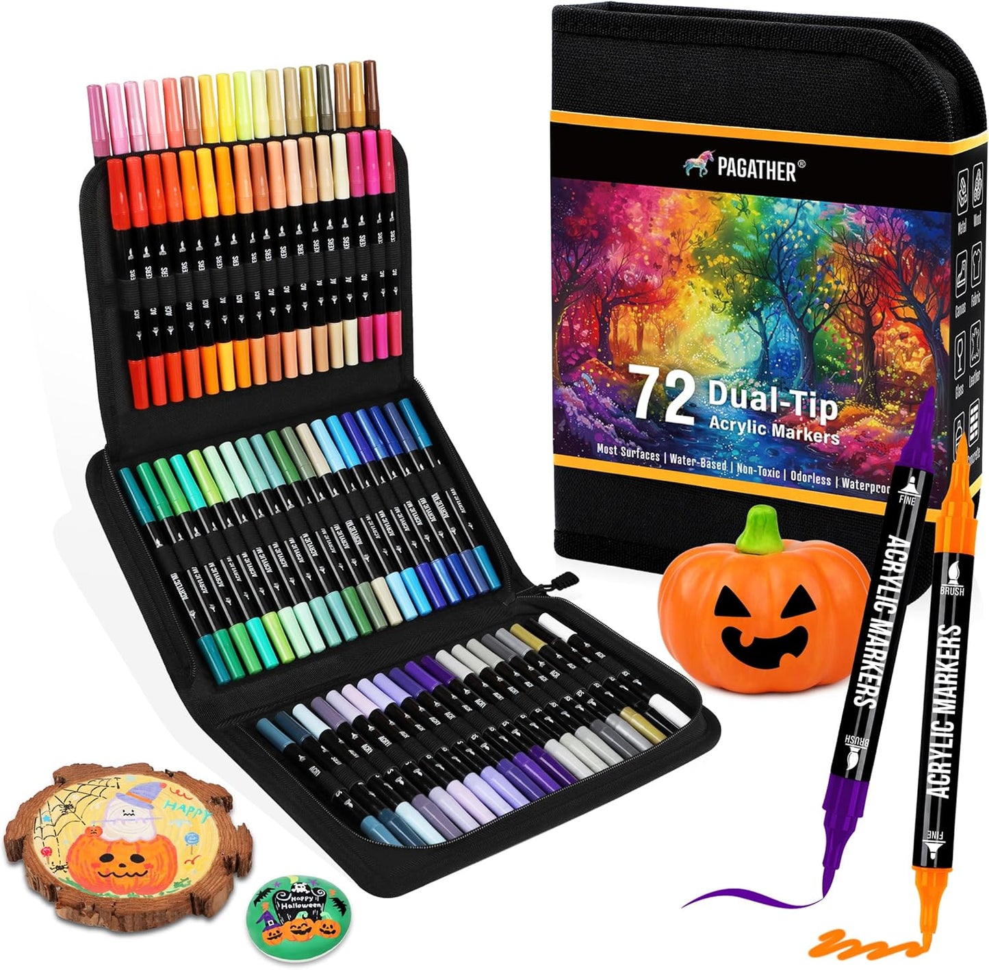 72 Colors Acrylic Paint Markers, Dual Tip with Fine Tip and Brush Tip Pens for Stone, Wood, Calligraphy, Canvas, Ceramic, Metal, Glass, Rock Painting, DIY Crafts Art Supplies Kit