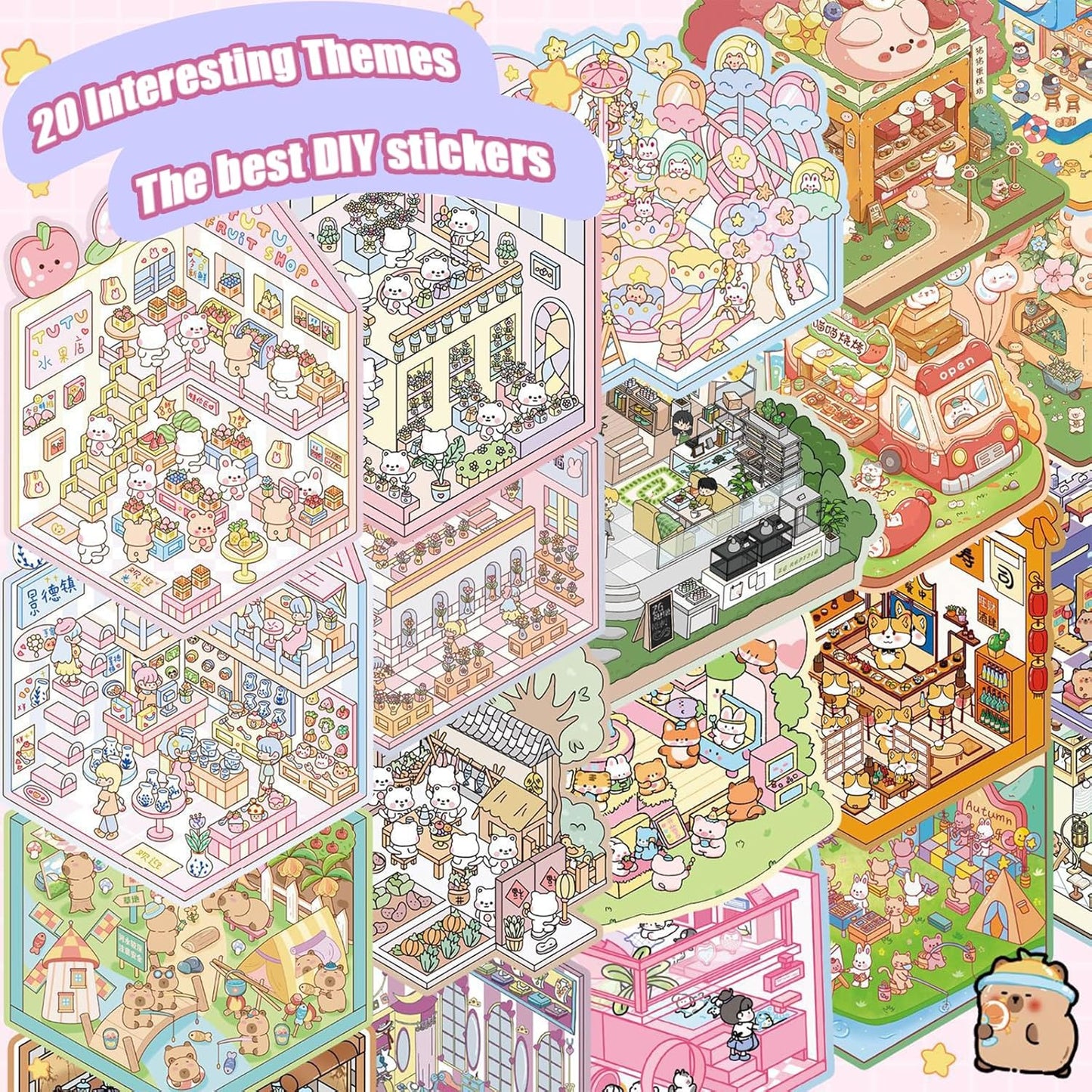 20 Sets Scene Adult Sticker Book for Adults,Book Stickers 3D Sticker Therapy 3D Scenes,Scene Stickers Include Water Park, Cake Store, Outdoor Party, Flower Store