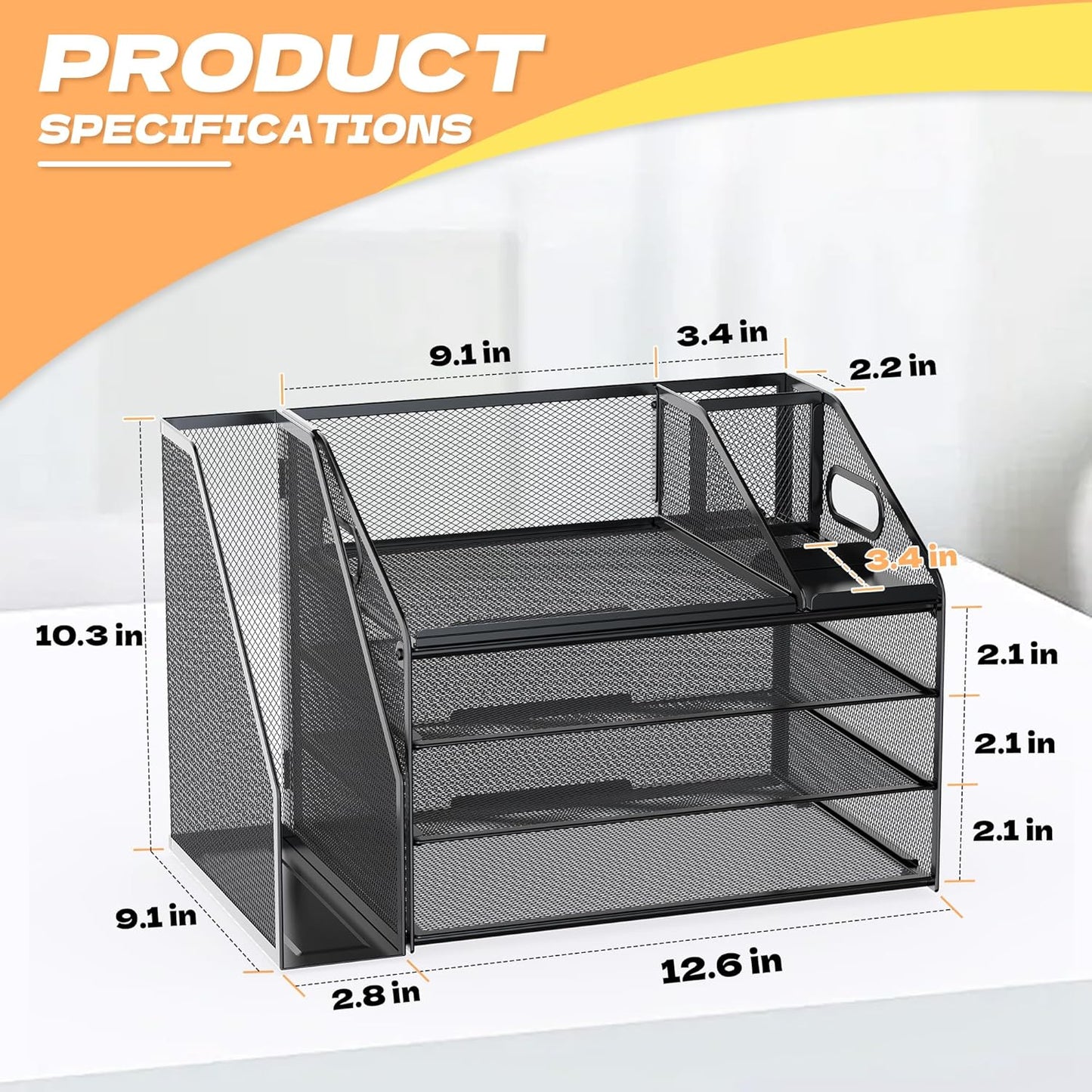 DocNest 4 Tier Paper Letter Tray File Organizer, Mesh Desk File with Handle, Workspace Desk Organizers with Pen Holder, Office Organization Storage Accessories - Black