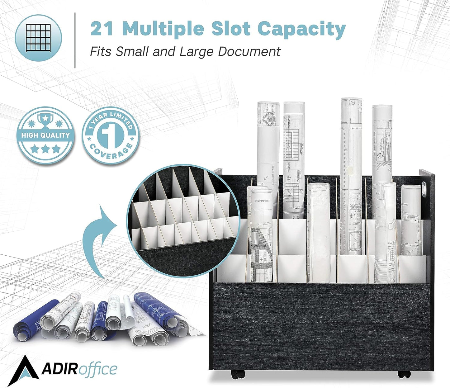 Adir Blue Print Storage Organizer - Mobile Roll File Cart, Construction Plan Holders, Blueprint Cabinet with Wheels, Roll Files Storage for Office and Home (21 Slots, Black)
