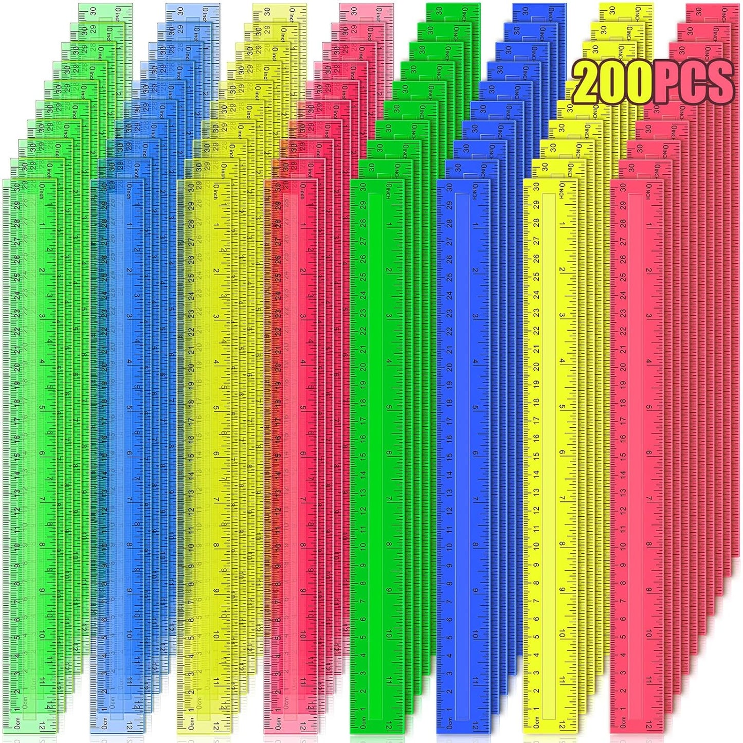 200 Pcs Rulers Bulk, 12 Inch Plastic Assorted Color Clear Rulers with Inches Centimeters Millimeter. Measuring Drawing Tool for Kids, Ideal Back to School Classroom Office Home Supplies