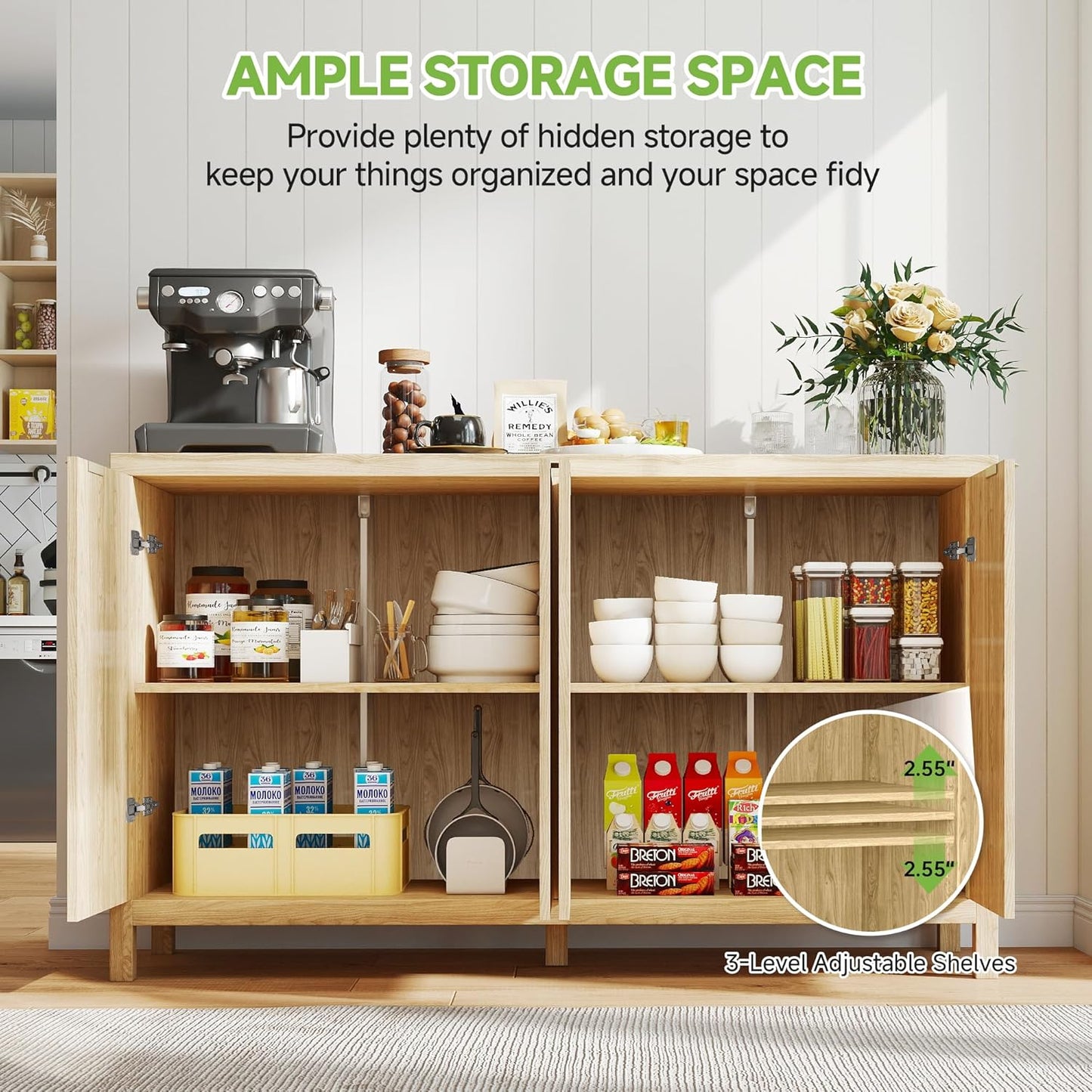 Real Relax Fluted Sideboard Cabinet, 4-Door Sideboard Buffet Cabinet with Storage, 55" Large Modern Credenza Adjustable Shelves, Buffet Table for Dining Room, Kitchen, Living Room, Natural Oak