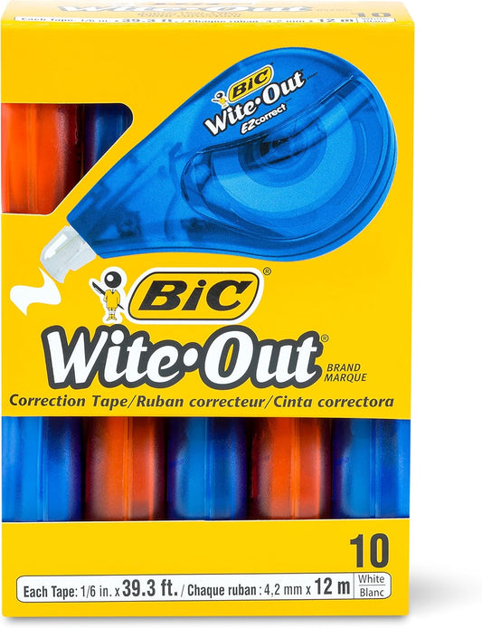 BIC Wite-Out Brand EZ Correct Correction Tape, 39.3 Feet, 10-Count Pack of white Correction Tape, Fast, Clean and Easy to Use Tear-Resistant Tape Office or School Supplies