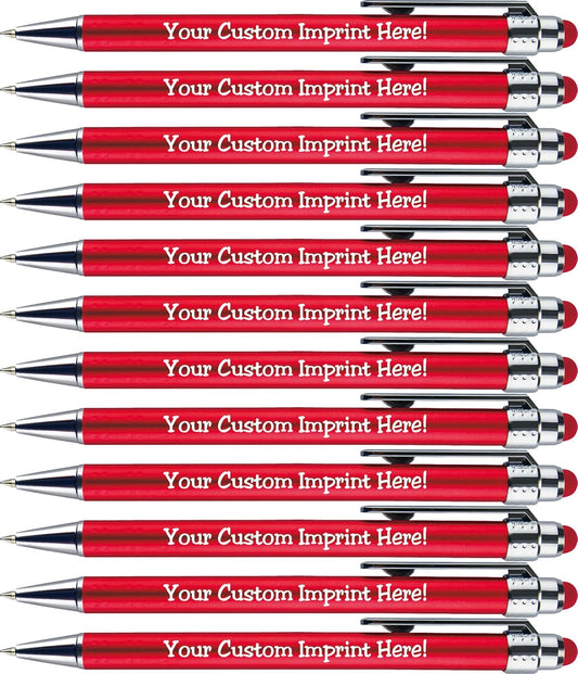 Personalized Pens with Stylus Tip -Bright Vibes- Click action - Custom - Black writing - Printed Name pens - Imprinted with Your Logo or Message - FREE PERSONALIZATION - 12 Pens/Box (Red)