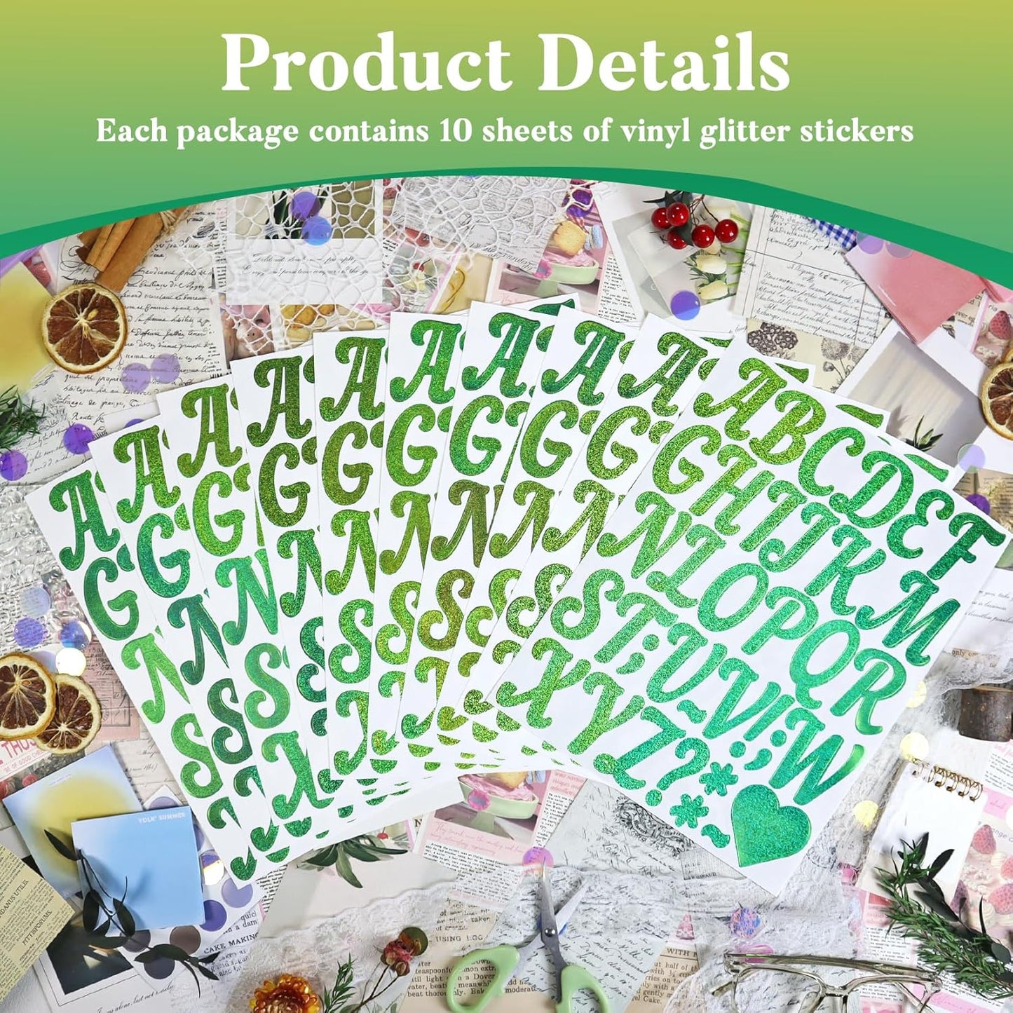 Glitter Letter Stickers,10 Sheets 2 Inches Self-Adhesive Vinyl Letters Alphabet Sticker Decals for Scrapbook,Door,Mailbox,Bulletins Boards -Green