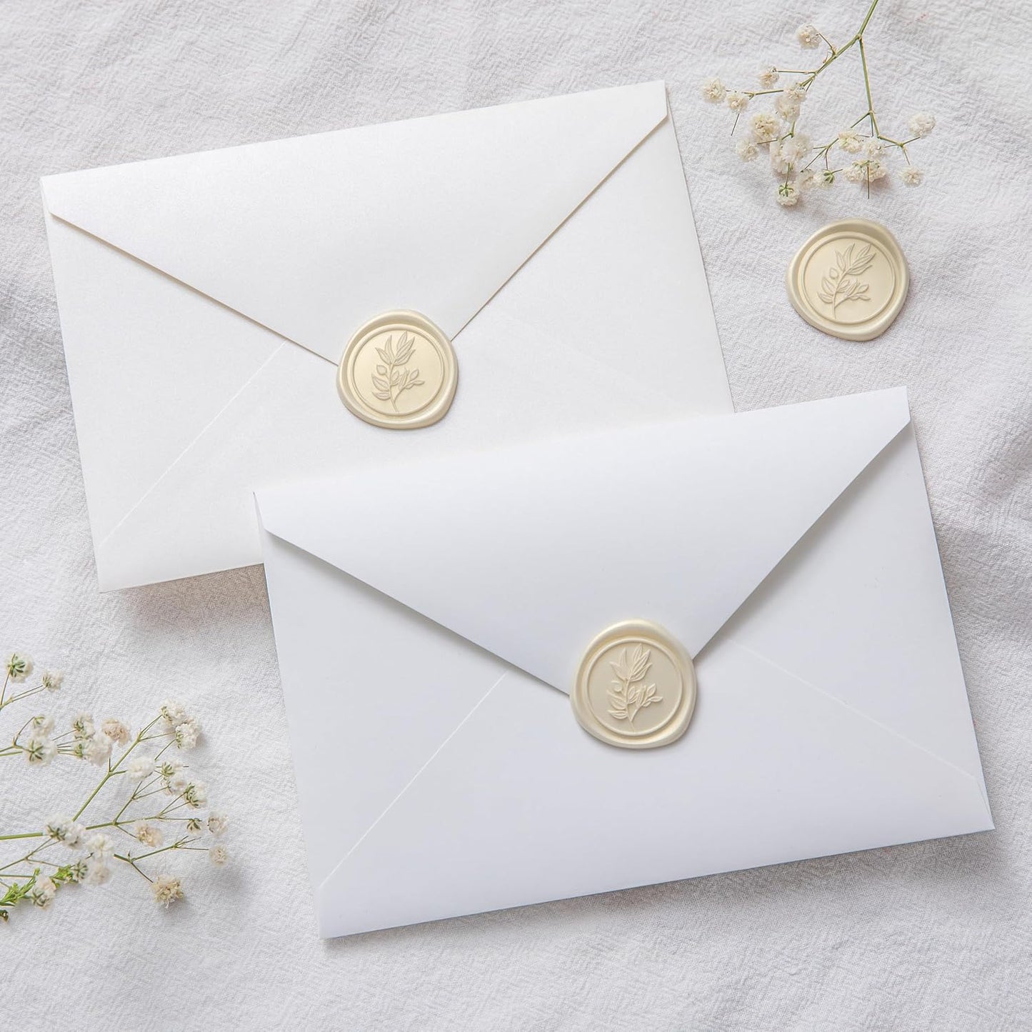 PONATIA Wax Seal Stickers - 50 Pcs Eucalyptus Self- Adhesive Wedding Invitation Seal Stickers, Perfect for Invitation Cards, Envelopes, Christmas, Gift Wrapping, Party (Champagne)