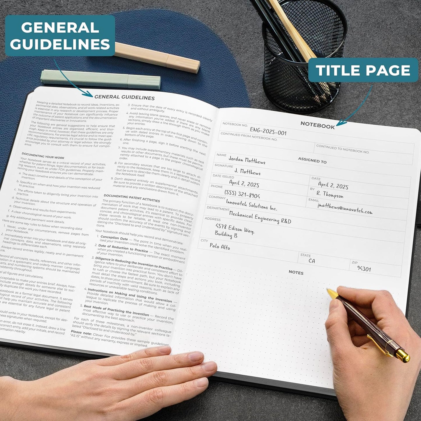 Clever Fox Engineering Notebook – Hardcover Grid Notebook with Numbered Pages, Table of Contents – Patent, Lab & Invention Journal for Engineers & STEM (Black)