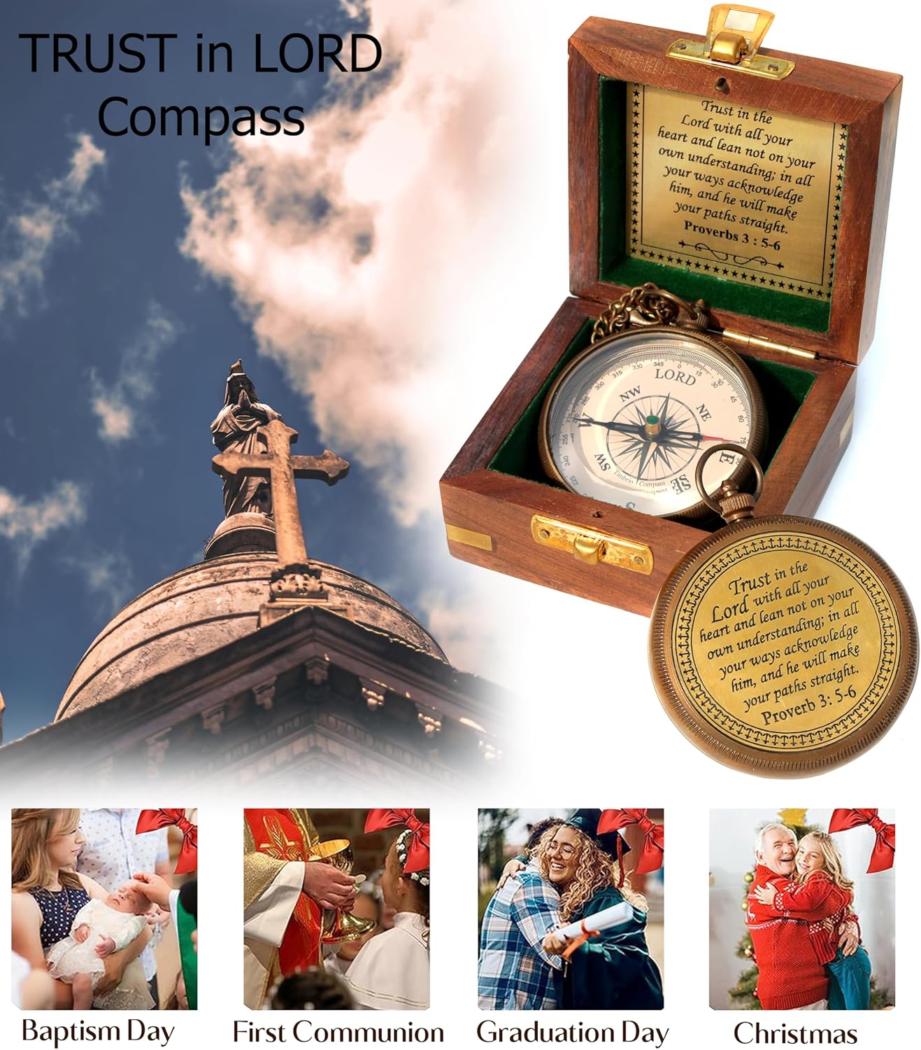Trust in The Lord with All Your Heart -Proverbs 3: 5-6 Quote Engraved Compass with Wooden Box, Baptism Gifts for Boys, Inspirational Gifts Men, Graduation Day Gifts, First Communion Gifts