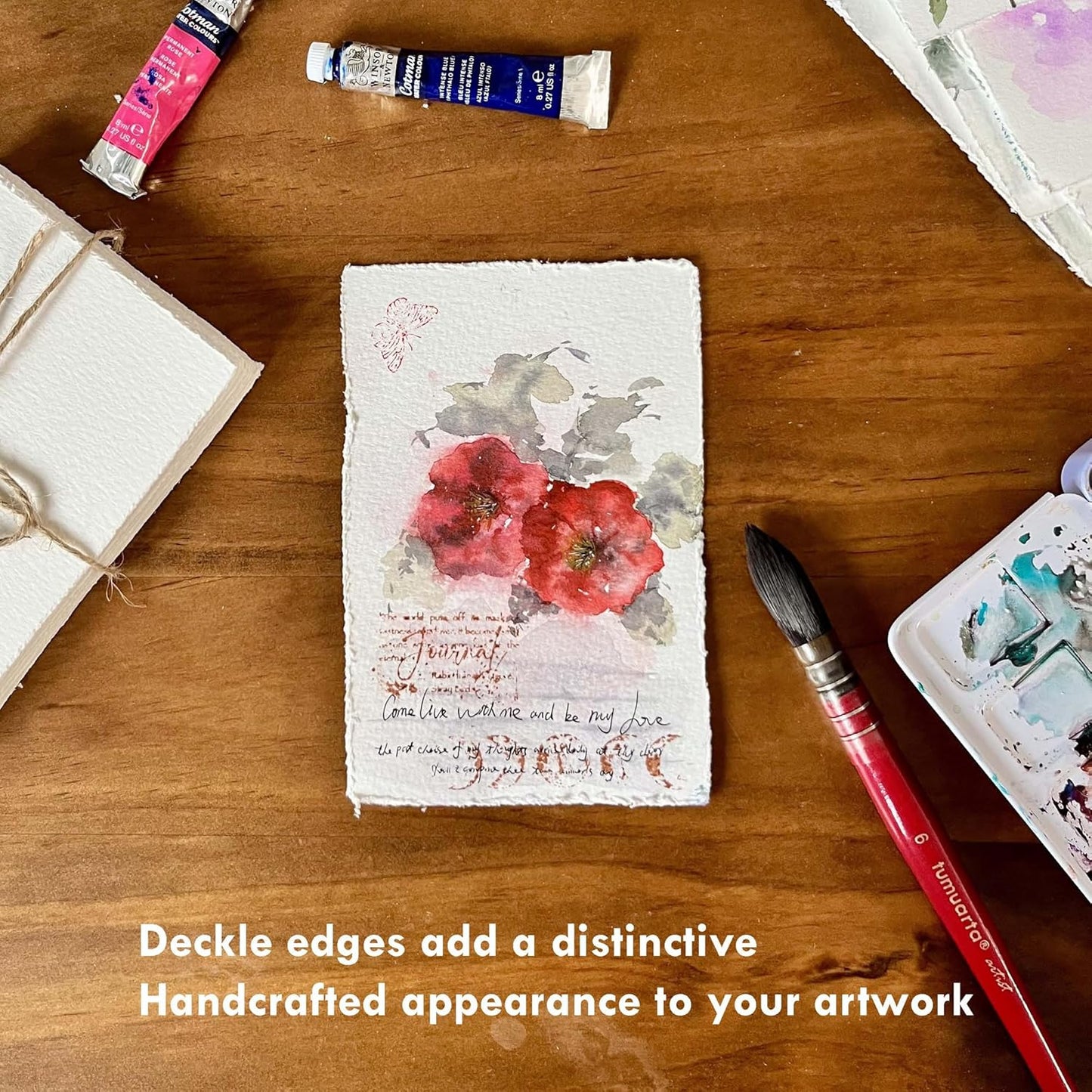 Deckle Edge Watercolor Paper, 100% Cotton, 140 LB, 300 GSM, 4x6”, 30 Sheets Mixed Media Paper for Dry & Wet Technique, Acid Free, tumuarta Blank Cards is Perfect for Greeting Cards & Thank You Notes