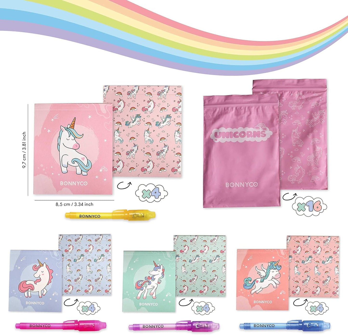 BONNYCO Invisible Ink Pen and Notebook Pack 16 Unicorn Party Favors for Kids, Magic Spy Pen Goodie Bags Stuffers for Kids, Unicorn Birthday Party Supplies, Goody Bag Stuffers | Return Gifts Prizes