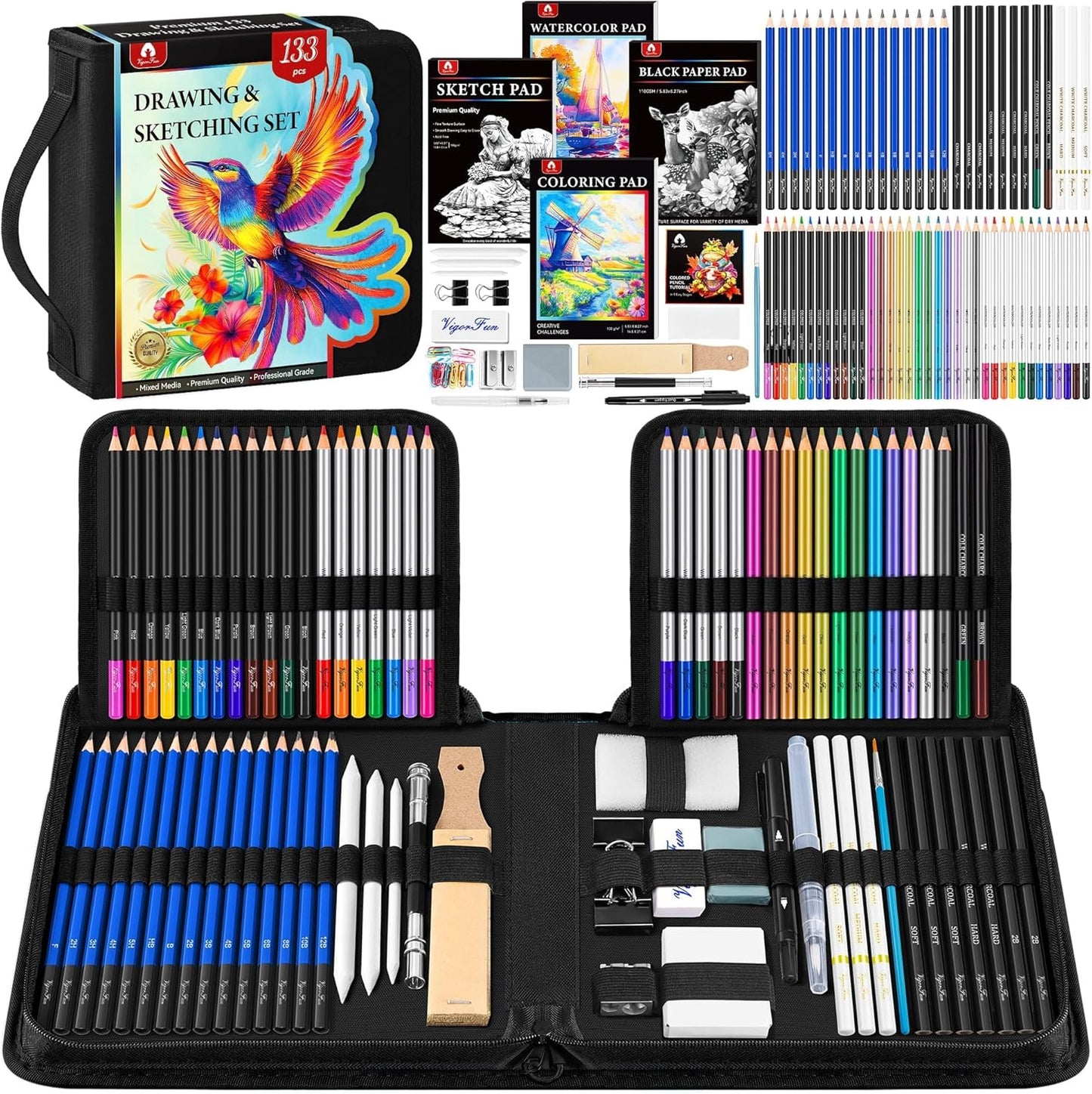 133 PCS Art Supplies Sketching Kit, Pro Drawing Pencils with Sketchbook, Coloring Book, Watercolor Pad, Black Paper Pad, Colored Graphite Charcoal Watercolor & Metallic Pencils for Artists Adults Kids